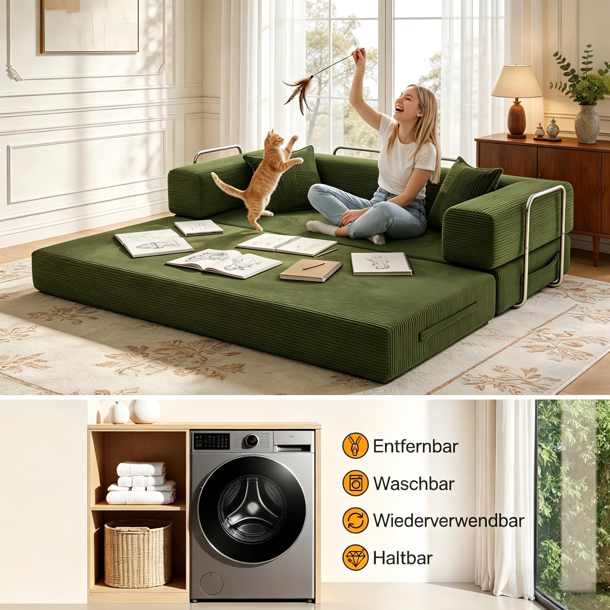 Vipbear 200cm Hochwertiges Sofa, aus Langlebig Cord mit Hochdichter Schaumstoff, 5-in-1 Umwandelbares Vielseitig ohne Knochen 3-Sitzer Sofa mit Schlaffunktion für Schlafzimmer, Grün | Umwandelbar