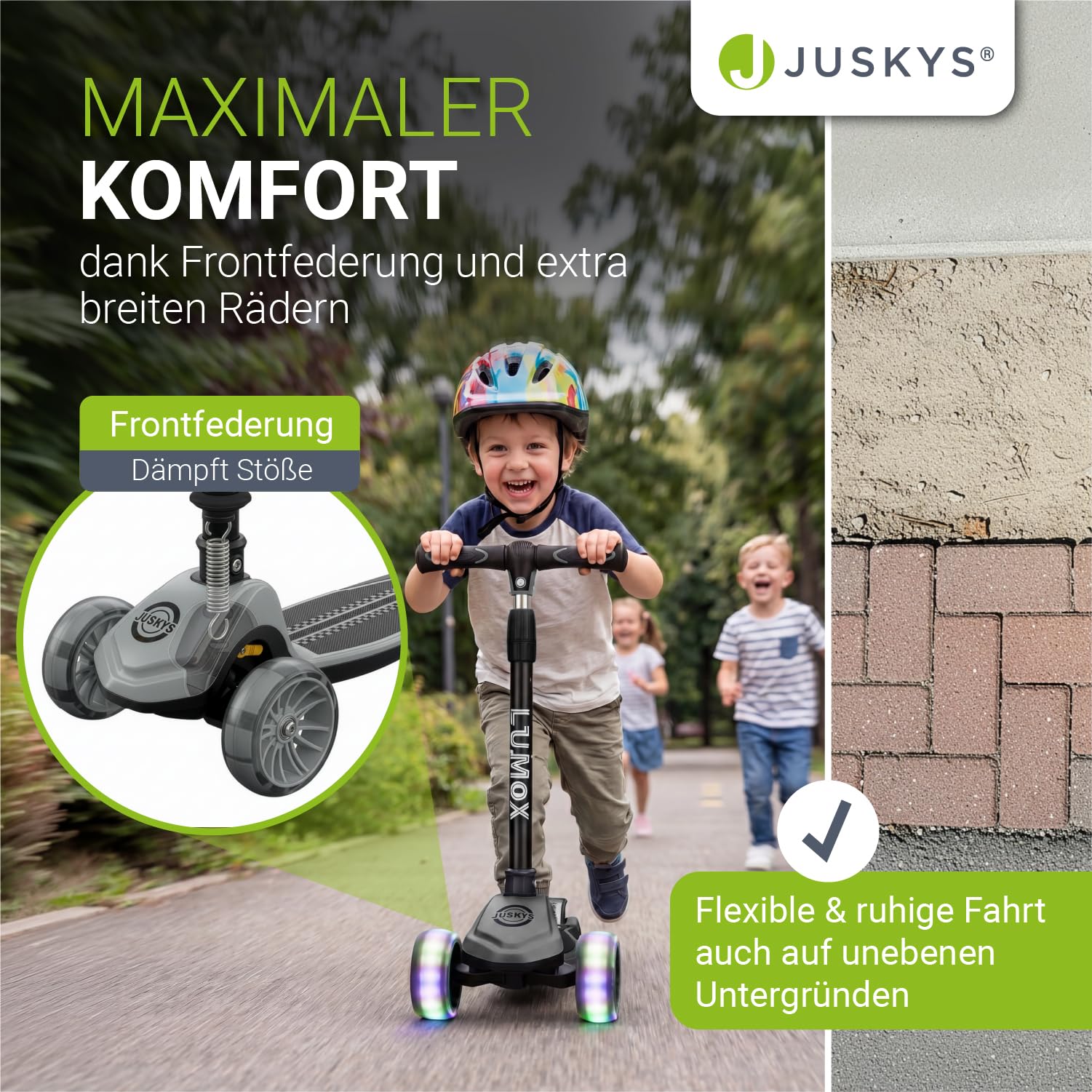 JUSKYS® Kinderroller Lumox Schwarz/Rosa/Blau - LED-Rollen, höhenverstellbarer Kinderscooter, klappbar & Hinterradbremse, Dreiradscooter