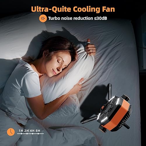 Miniatura 7 de MORIKO Trípode de ventiladores de mesa, 20000 mAh, recargable, funciona con pilas, ventilador portátil para tienda de campaña con linterna LED,