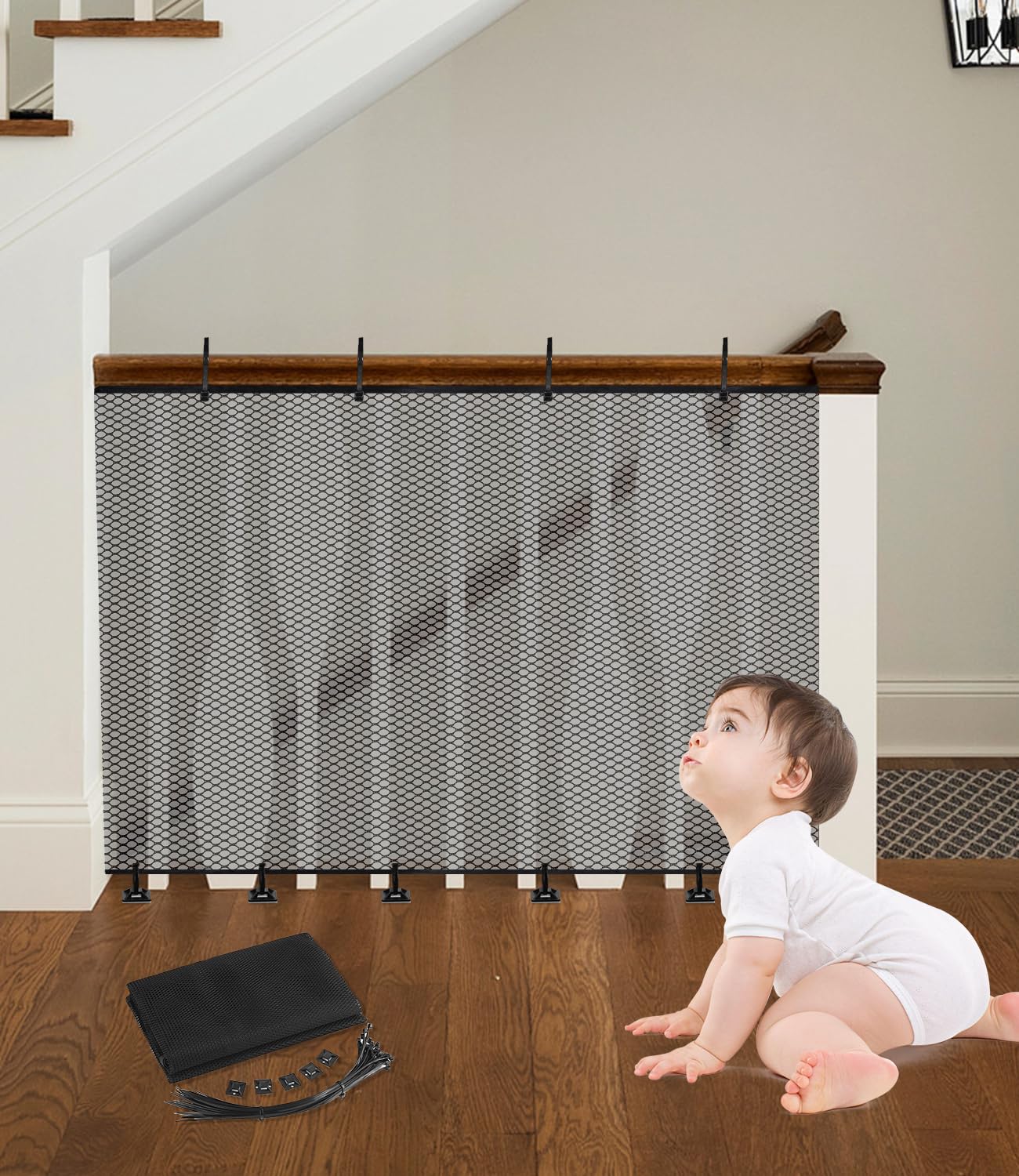 Red de Seguridad Infantil, Red de Seguridad Niños para Escaleras, Barandillas y Vallas, Reds de protección para Balcones robustas y Ajustable para niños, Mascotas y Juguetes, 300 x 90 cm, Negro