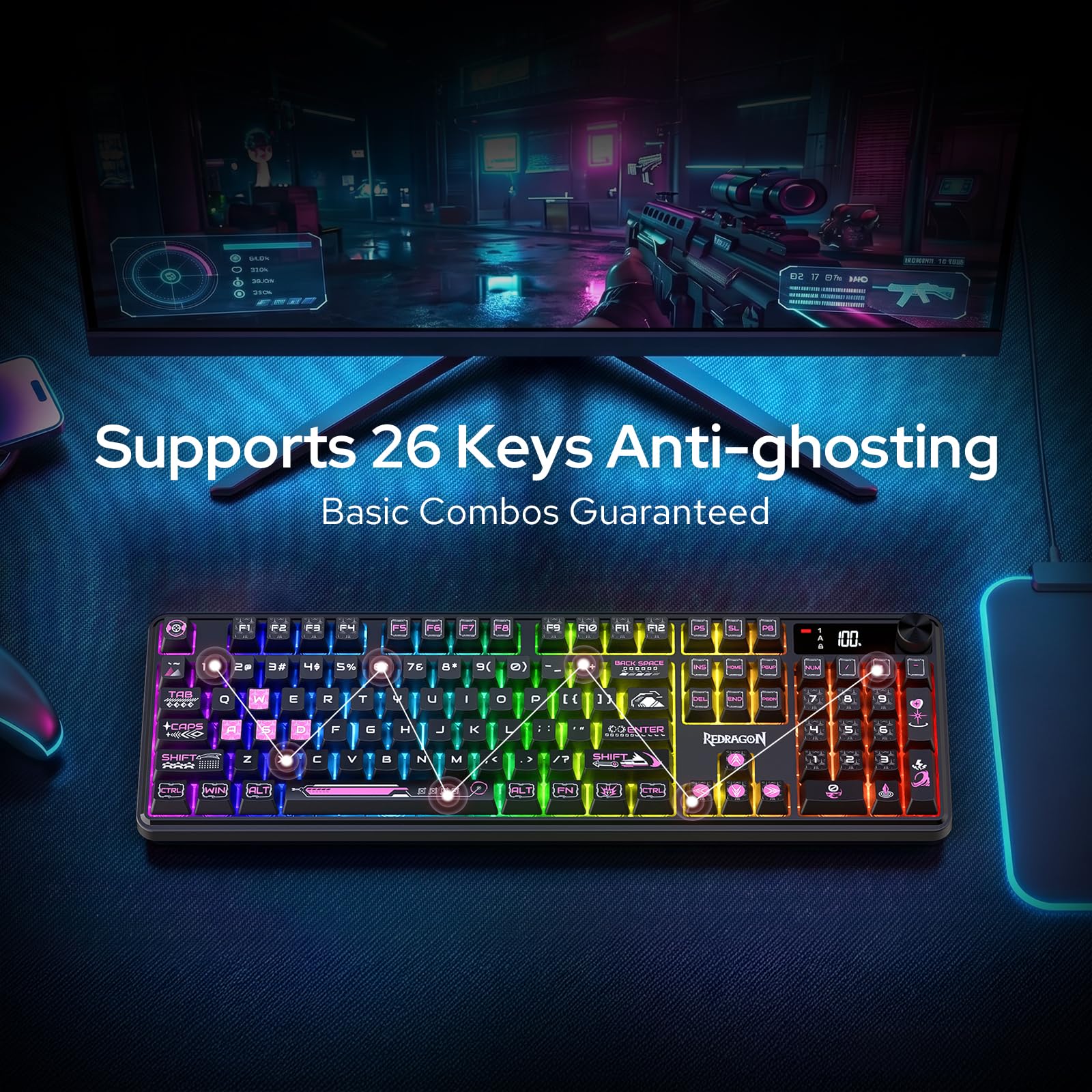 Redragon Teclado inalámbrico K526 PRO RGB para juegos, teclado de 104 teclas de tacto mecánico con pantalla de información LED, control de perilla retroiluminada, interruptor lineal suave y compatible