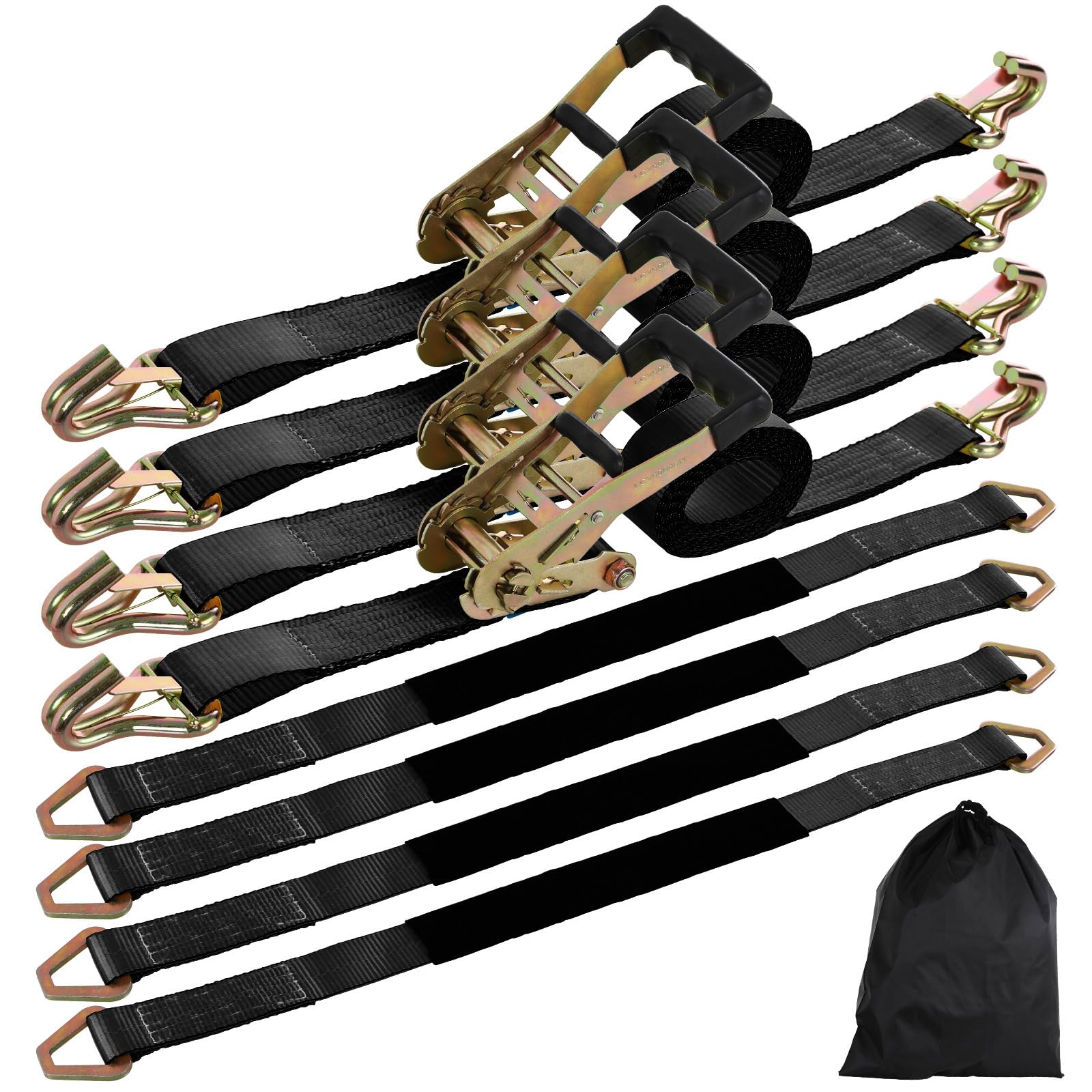 TLGREEN 4-Pack Wheel and Axle Strap Kit, 10,000 lb, J Hooks, Black