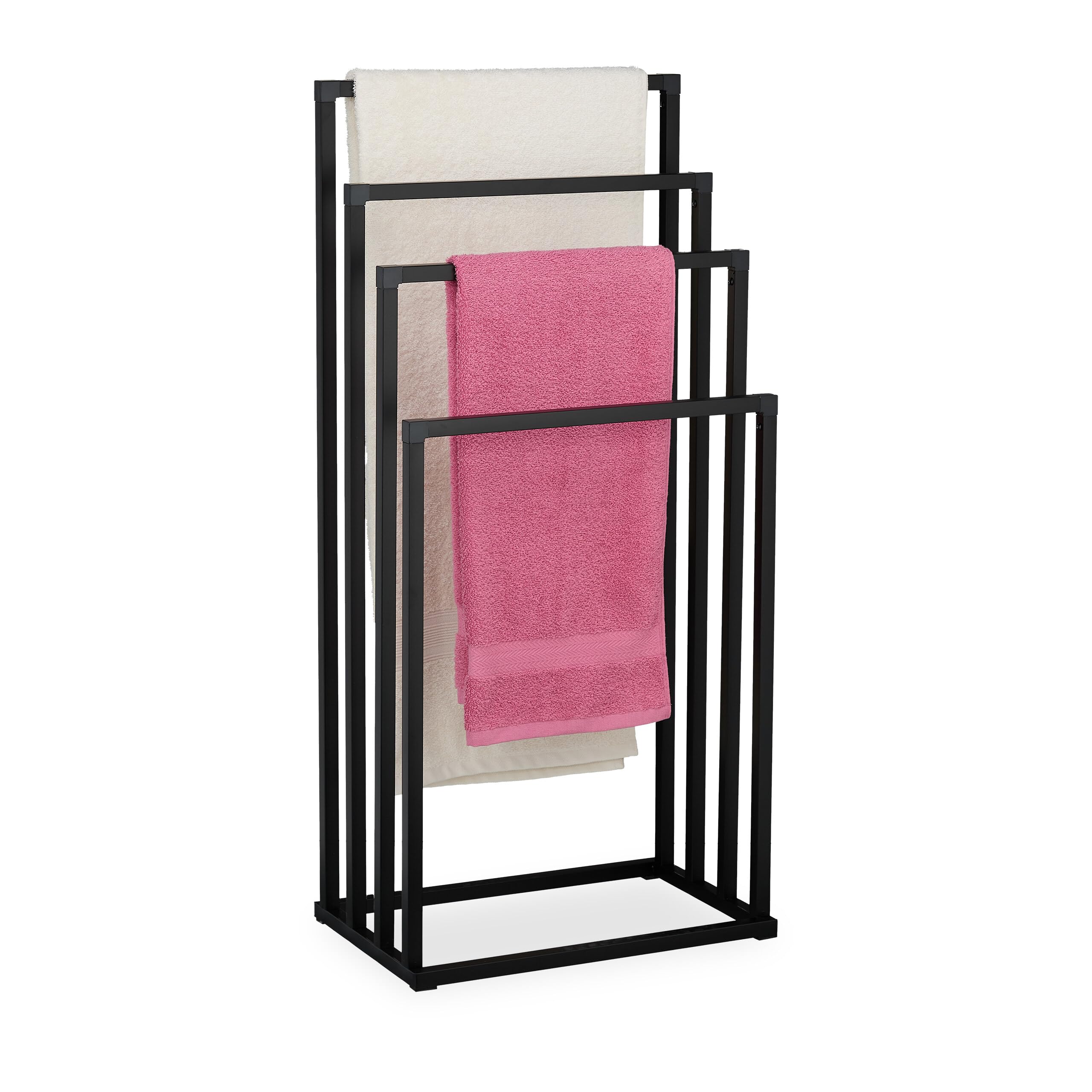 Relaxdays freestanding towel rack, HxWxD: 96.5 x 45 x 29 cm, metal, 4 rods, bathroom, black