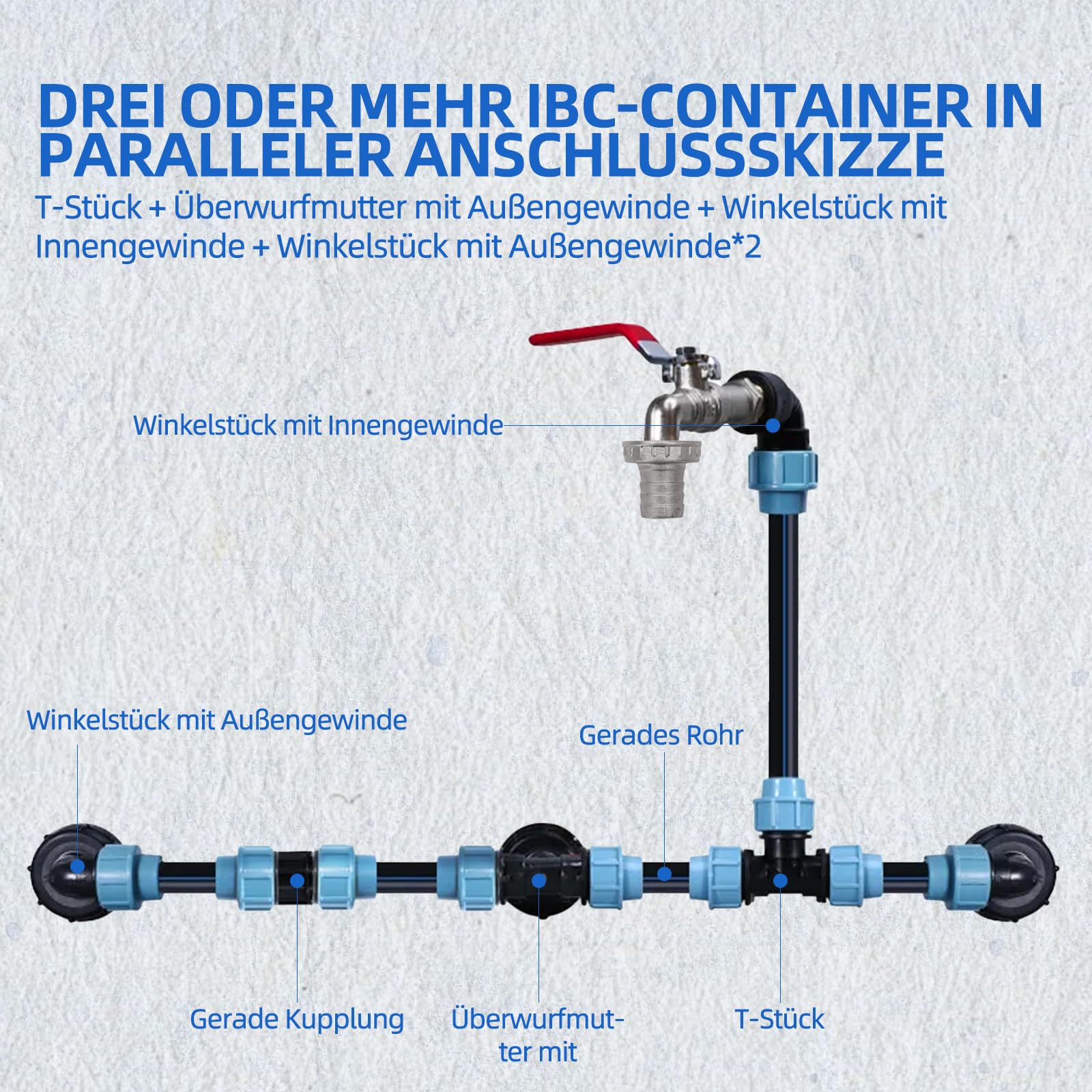 IBC zestaw przyłączeniowy do 3 zbiorników IBC lub beczek na deszczówkę, w zestawie z kranem typu łabędzia szyja 3/4", wylot ze złączem śrubowym, idealny do nawadniania ogrodu