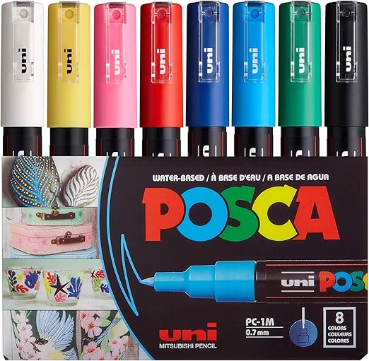 Posca Markers Set, 8 Extra Fine Paint Markers 1M – Multicolor Tones – White, Yellow, Pink, Red, Blue, Light Blue, Green, Black