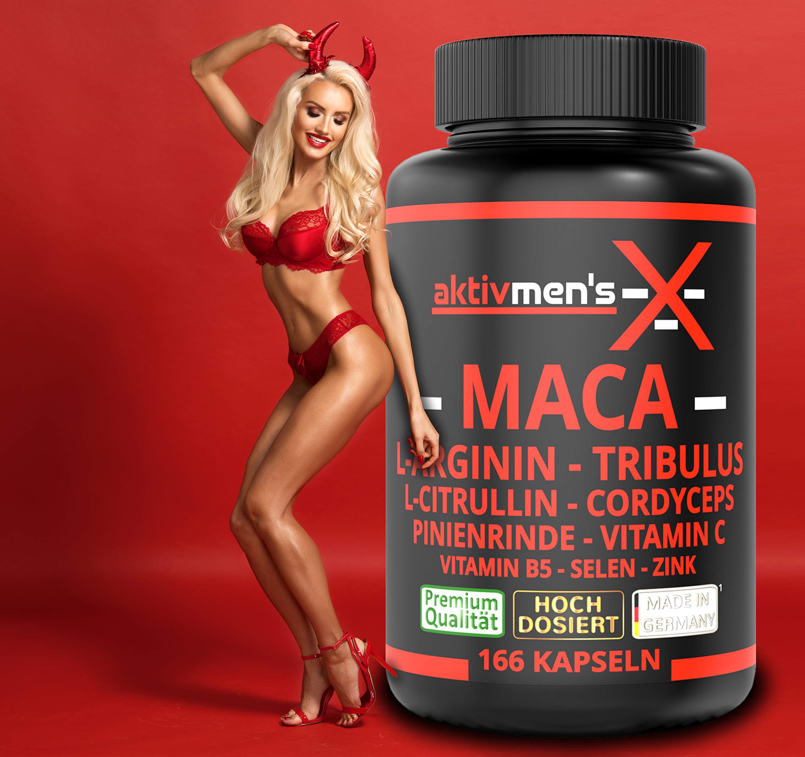 aktivmen's X MACA SCHWARZ - teuflisch gut dosiert - 166 Kapseln + L-Arginin, L-Citrullin, Cordyceps, Tribulus, Pinienrinden Extrakt, Selen, Vitamin C + B5, Zink, 1 Dose (1x134.9g)