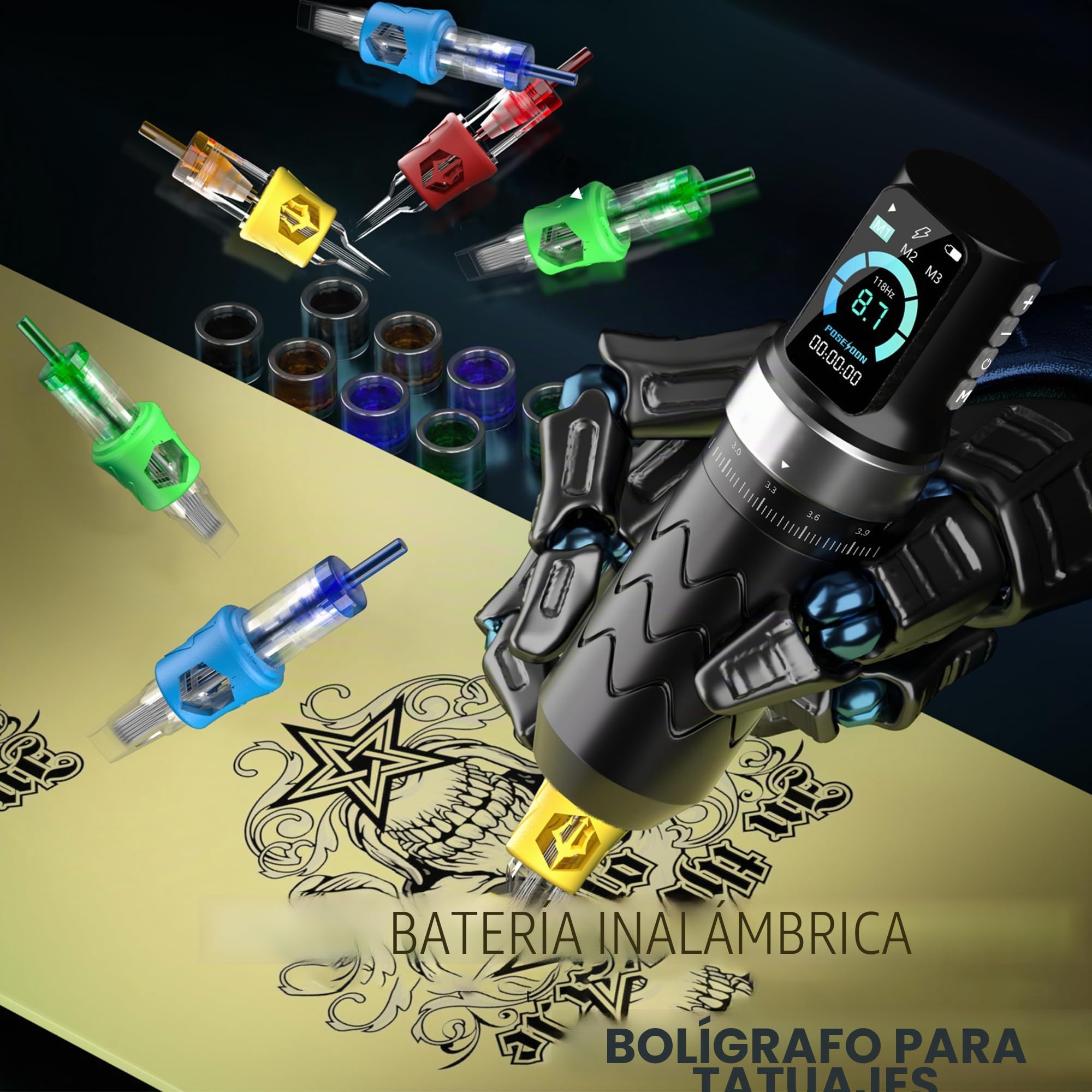 Kit de máquina de tatuaje inalámbrica POSEIDON con 7 ajustes de hub, dos baterías de 2300 mAh, modo normal/punteado y pantalla LED - Dispositivo de tatuaje inalámbrico profesional para principiantes