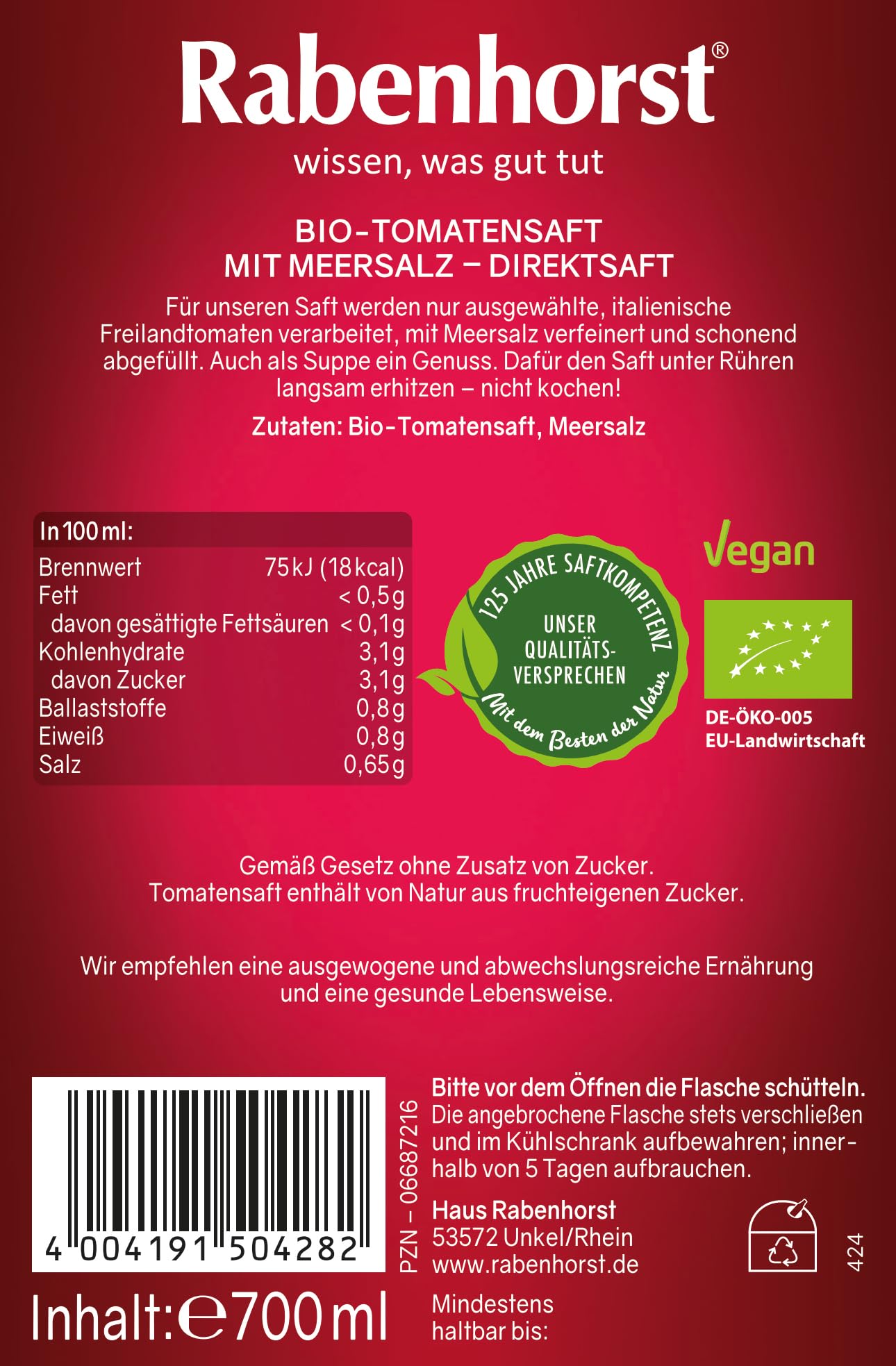 Rabenhorst Freilandtomate BIO, 6er Pack (6 x 700 ml) | Hochwertiger Tomatensaft aus 100 % Direktsaft