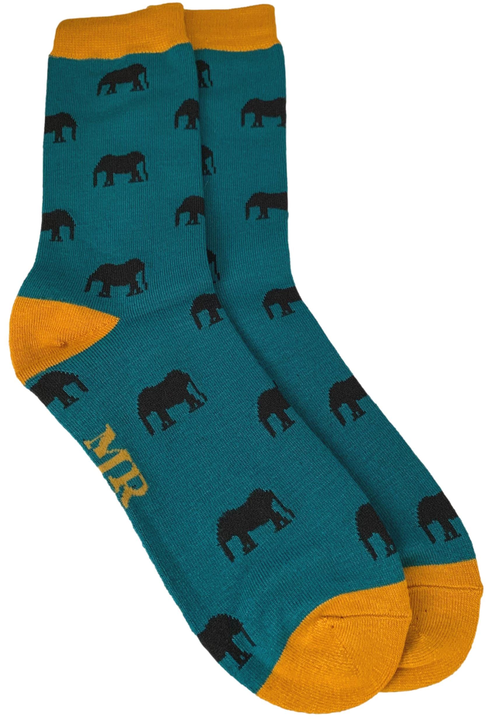 Purple Possum® Mens Socks Novelty Elephants Fun Teal Mustard Yellow Bamboo Cotton Blend Elephant Print UK Shoe Size 8-12 Gift Idea