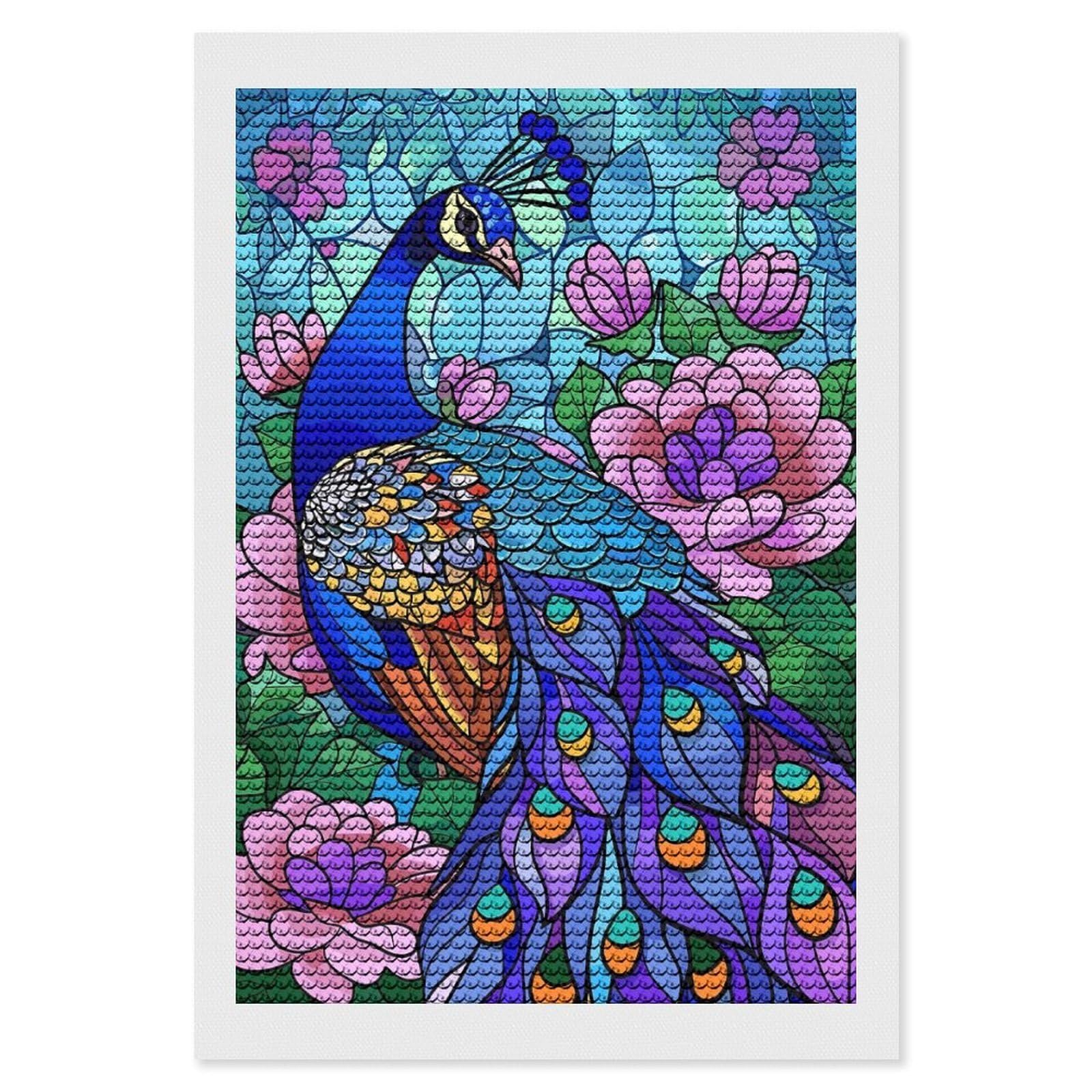 Junmoney Stained Glass Peacock with Flowers Diamond Painting Canvas Set 8"x12", for Adults, Sparkling Round Gems, Thoughtful Handmade Gift, Modern Decor