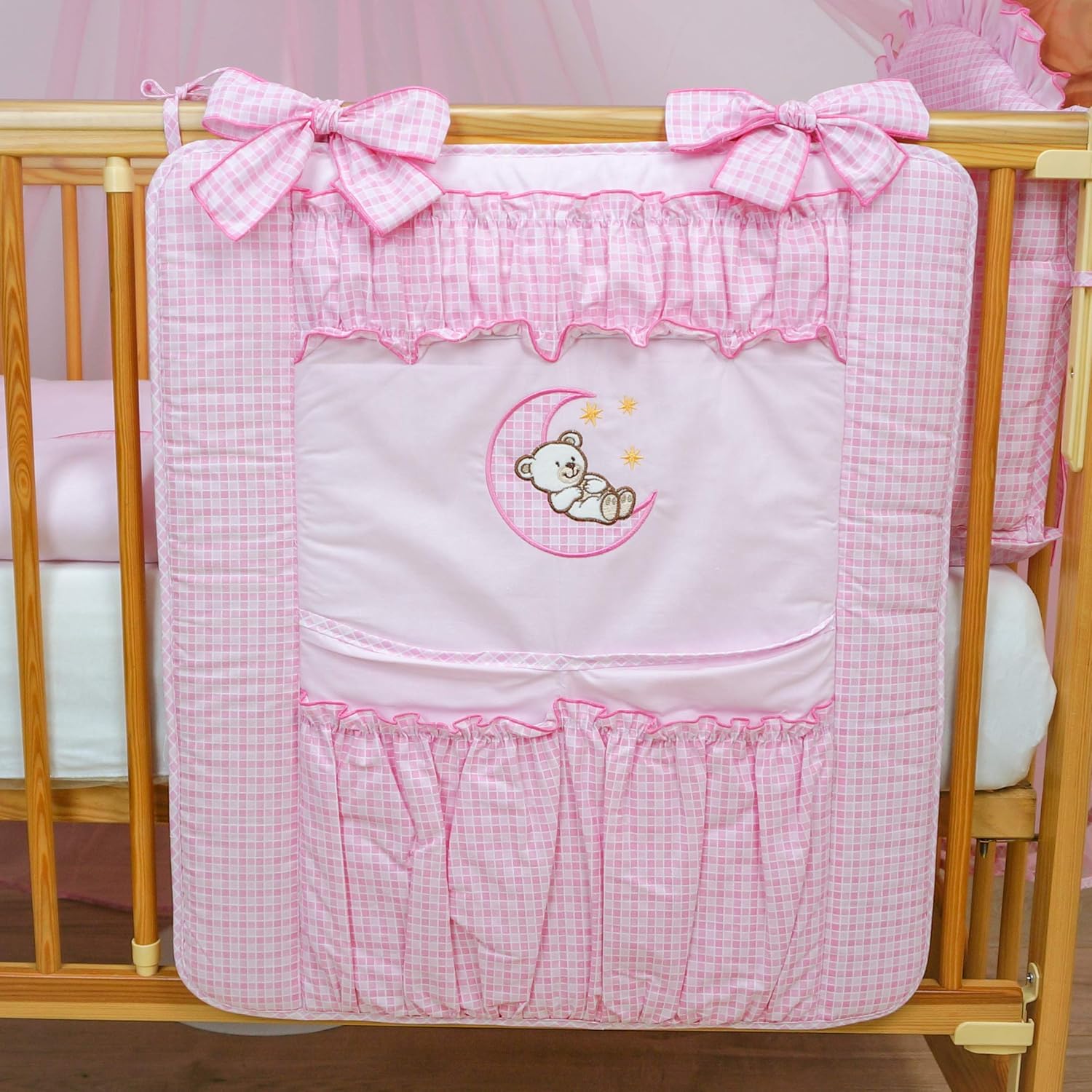Nursery Baby Cot Tidy Organiser with Pockets for Cot Bed (Moon Pink