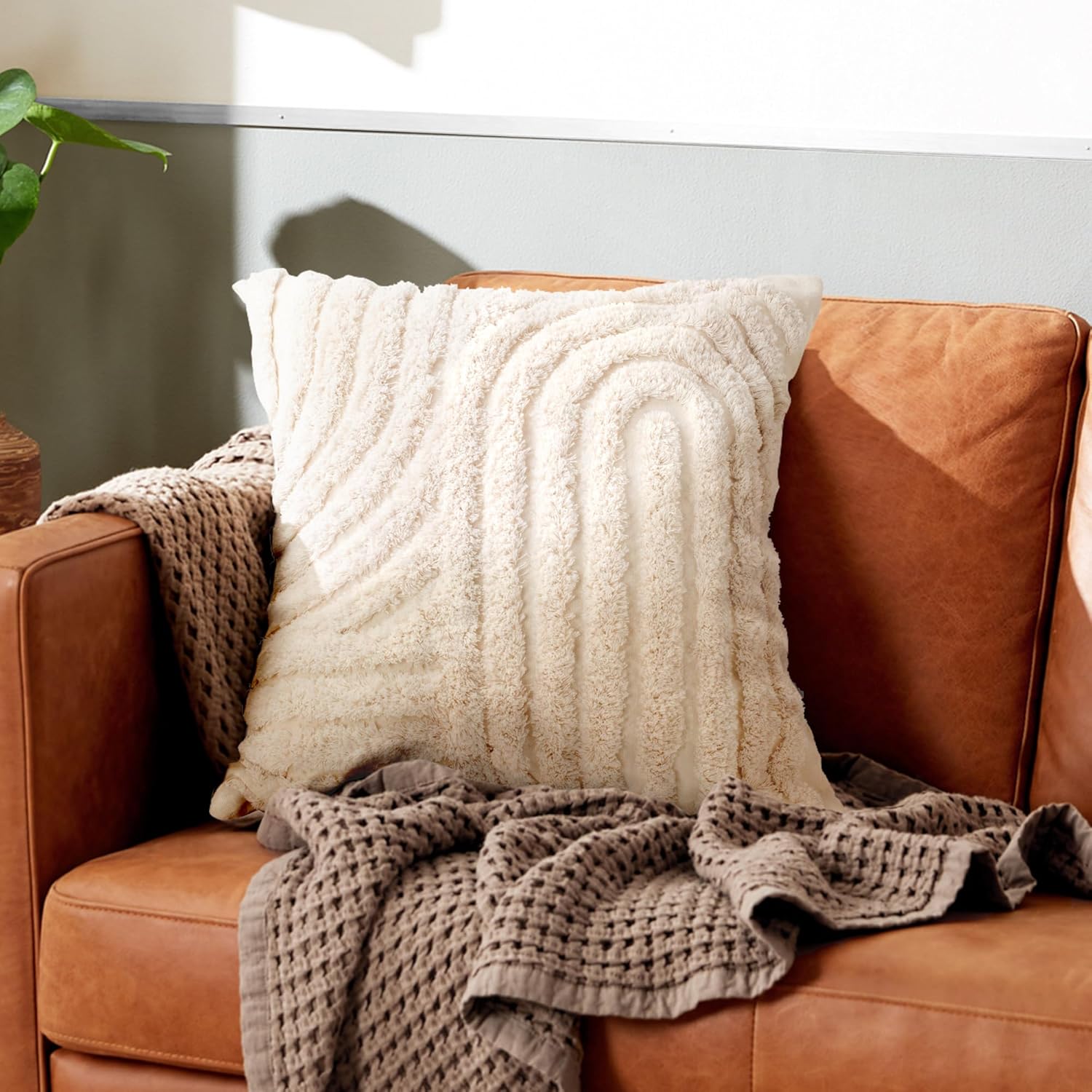 AELS Boho Decorative Textured Throw Pillow Covers 20x20, Set of 2, Modern Abstract Mid Century Rainbow Tufted Pillow Case, Farmhouse Rustic Neutral Woven Cushion Case for Bed Couch Sofa, Creamy White