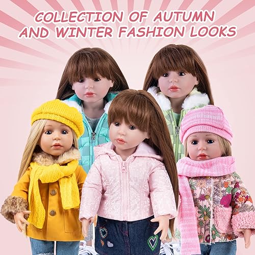 Miniatura 6 de Rakki Dolli Ropa de muñeca de 3 piezas. Conjunto de abrigo rosa con capucha con falda de mezclilla azul marino y medias de una pieza de punto negro,