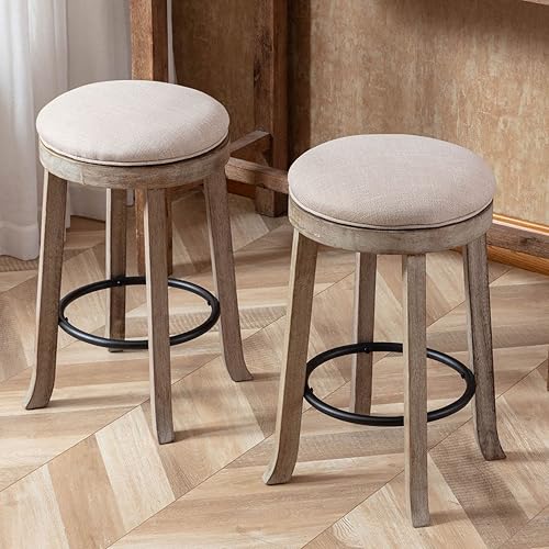 Miniatura 7 de LukeAlon Farmhouse - Juego de 2 taburetes de bar redondos de tela de lino, giratorios de 360 de 25.6 pulgadas de altura de mostrador con patas de