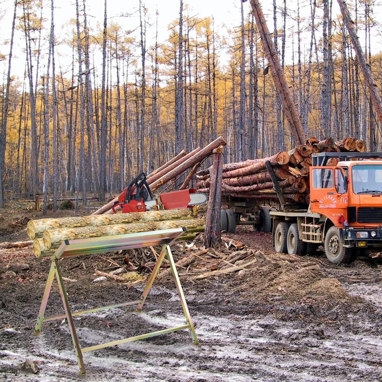 Cavalletto per motosega con supporto per catena, protezione per catena, barra di misurazione, supporto per sega pieghevole fino a 150 kg di portata, struttura stabile Adatto per segherie