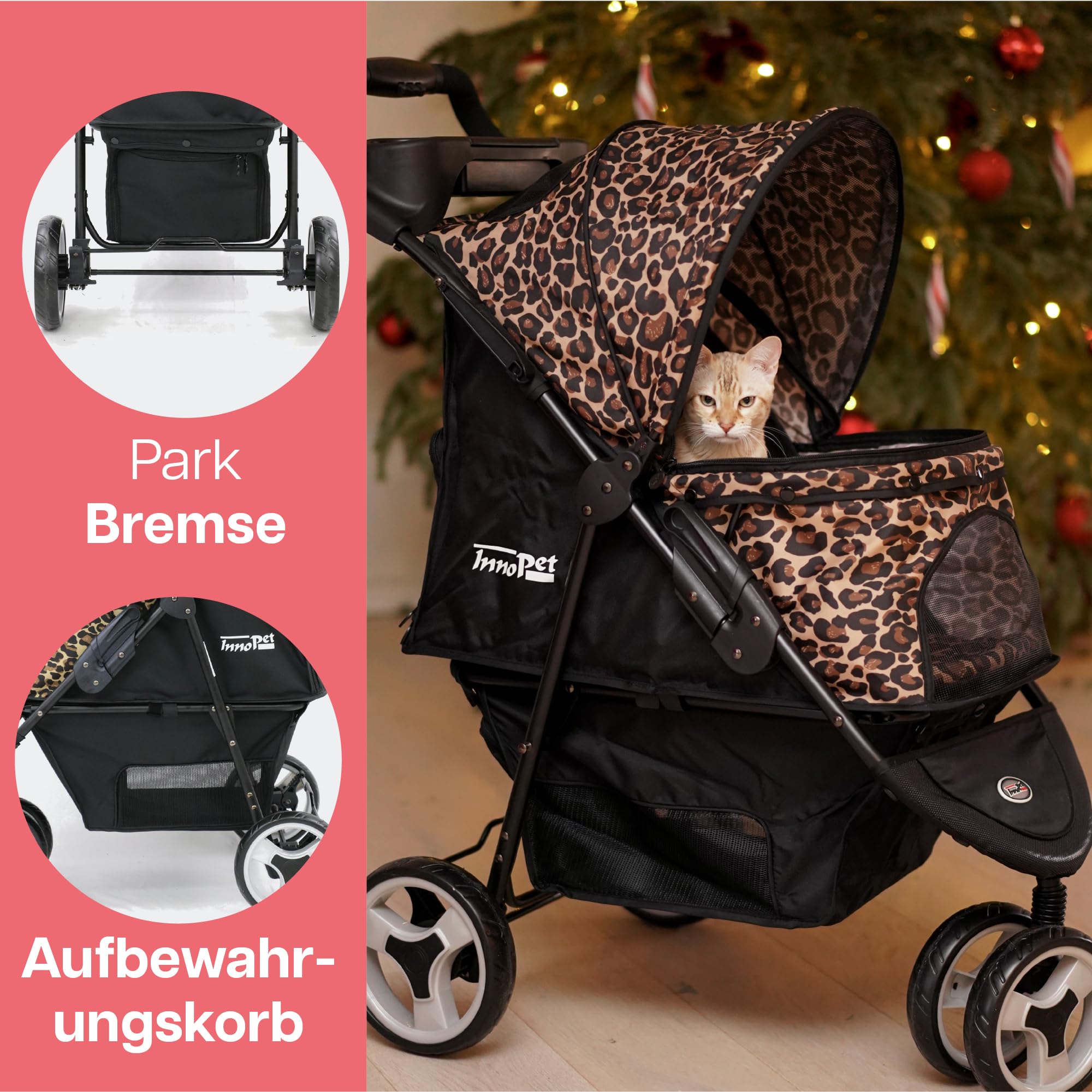 Hundebuggy Katzenbuggy für Reisen - Innopet Allure Cheetah – exklusiver Hundewagen mit Leopardenmuster, einhändig faltbar, mit Aufbewahrungskorb, 2 Sicherheitsleinen, pannensichere Räder – Hundewagen