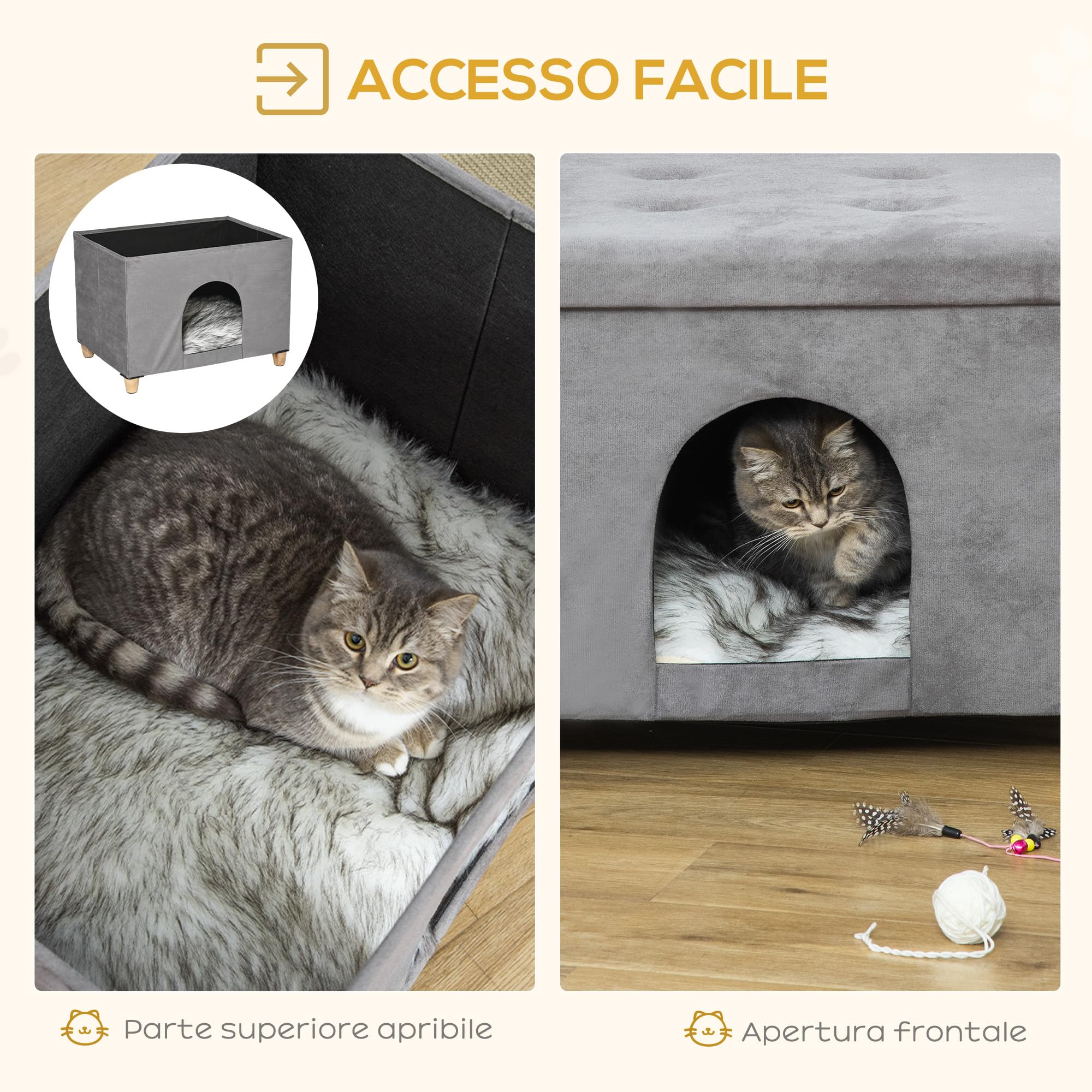 PawHut Casetta per Gatti Pouf Poggiapiedi con Cuscino Rimovibile e Lavabile, Sgabello Poggiapiedi con Cuccia e Piedini, Grigio