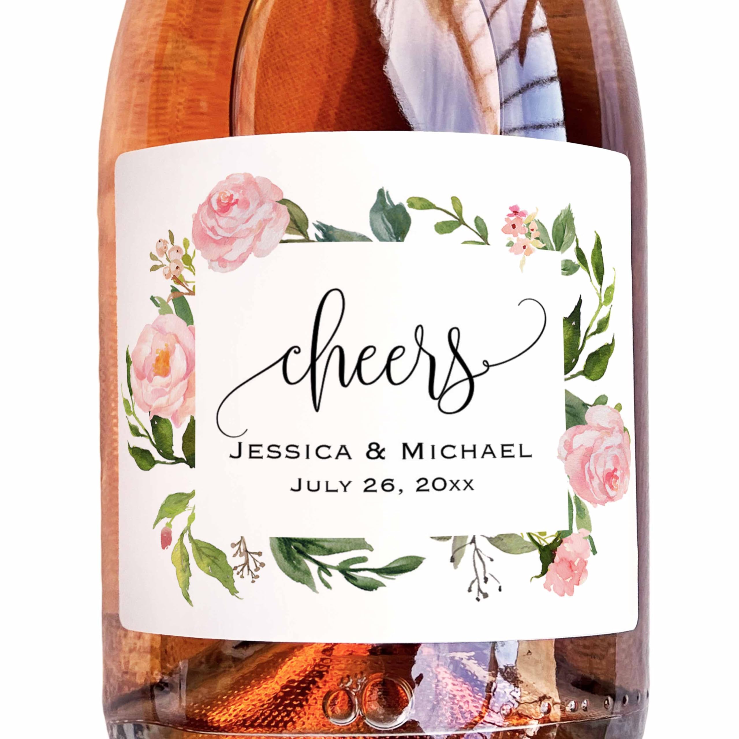 6 Custom Pink Floral Waterproof Champagne Bottle Labels, Personalized Wine Label Sticker for Wedding, Bridal Shower, Birthday, Graduation Party and