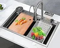 Cuba Inox Cozinha, Pia de Cozinha, Cuba de Inox, Pia Cozinha, 75X45 CM, Tipo Cascata, Torneira Telescópica e Acessórios Completos
