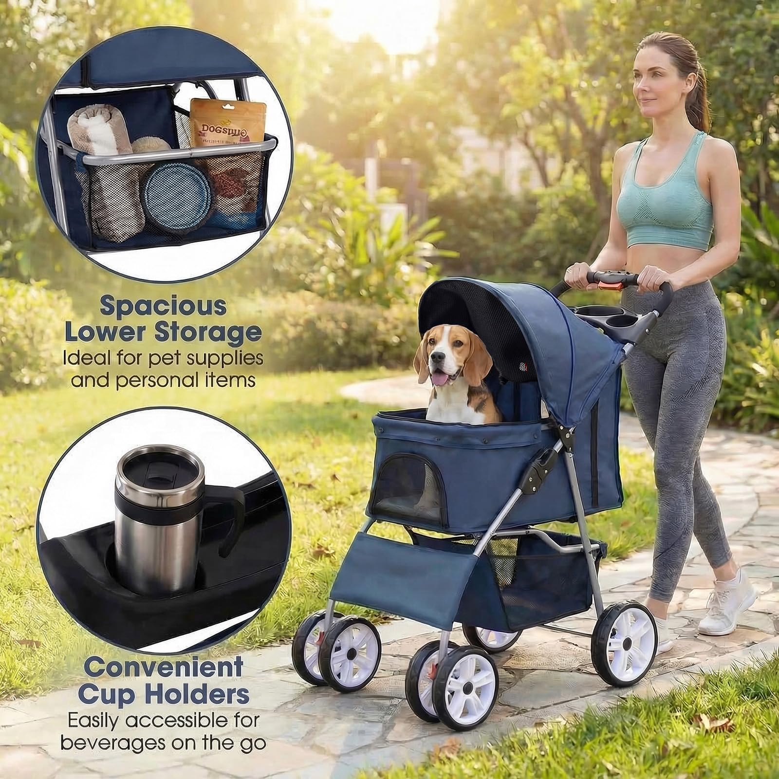 DREAMADE Hundebuggy klappbar, Hundewagen bis 15 kg, Katzenwagen mit Getränkehalter & Aufbewahrungskorb, leichter Katzenbuggy mit Rädern & verstellbarem Sonnendach, Reisewagen für Haustiere (Blau)