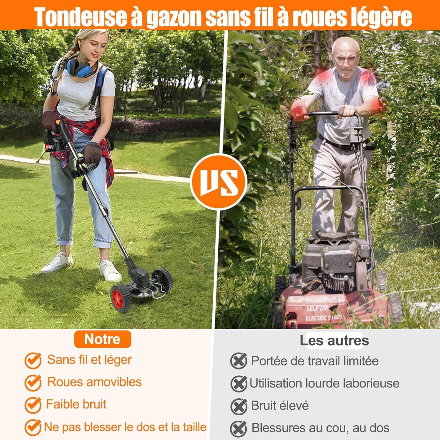 Débroussailleuse Électrique sans Fil 21V avec 2 Batteries et Chargeur, Coupe-Bordure Télescopique, Roues Amovibles