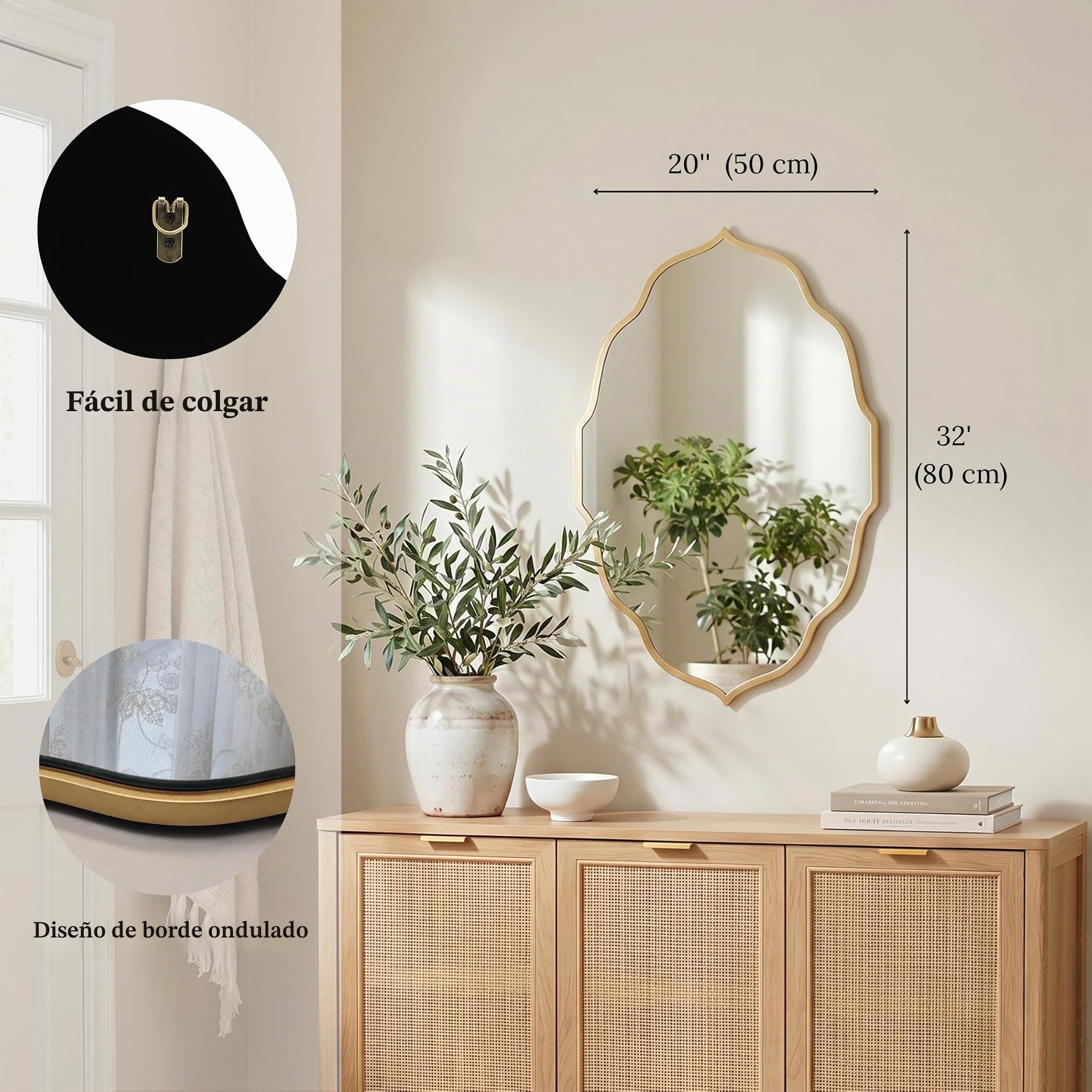 PERFNIQUE Espejo de pared dorado, 81 x 51 cm, espejo ovalado ondulado para baño, espejo decorativo grande para entrada, dormitorio y sala de estar, colgar o inclinar