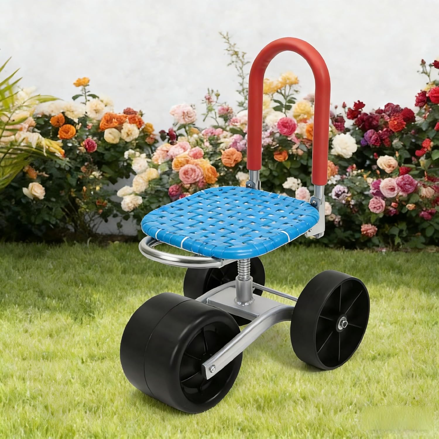 Garden Rolling Cart with Seat,Mini Garden Carts Work Seats w/ Wheel,12 x 9.5inch Rolling Gardens Seats,360° Adjustable Wheels,Patio Gardening Yard Stool Adjustable Seat Height and Direction (Blue&Red)