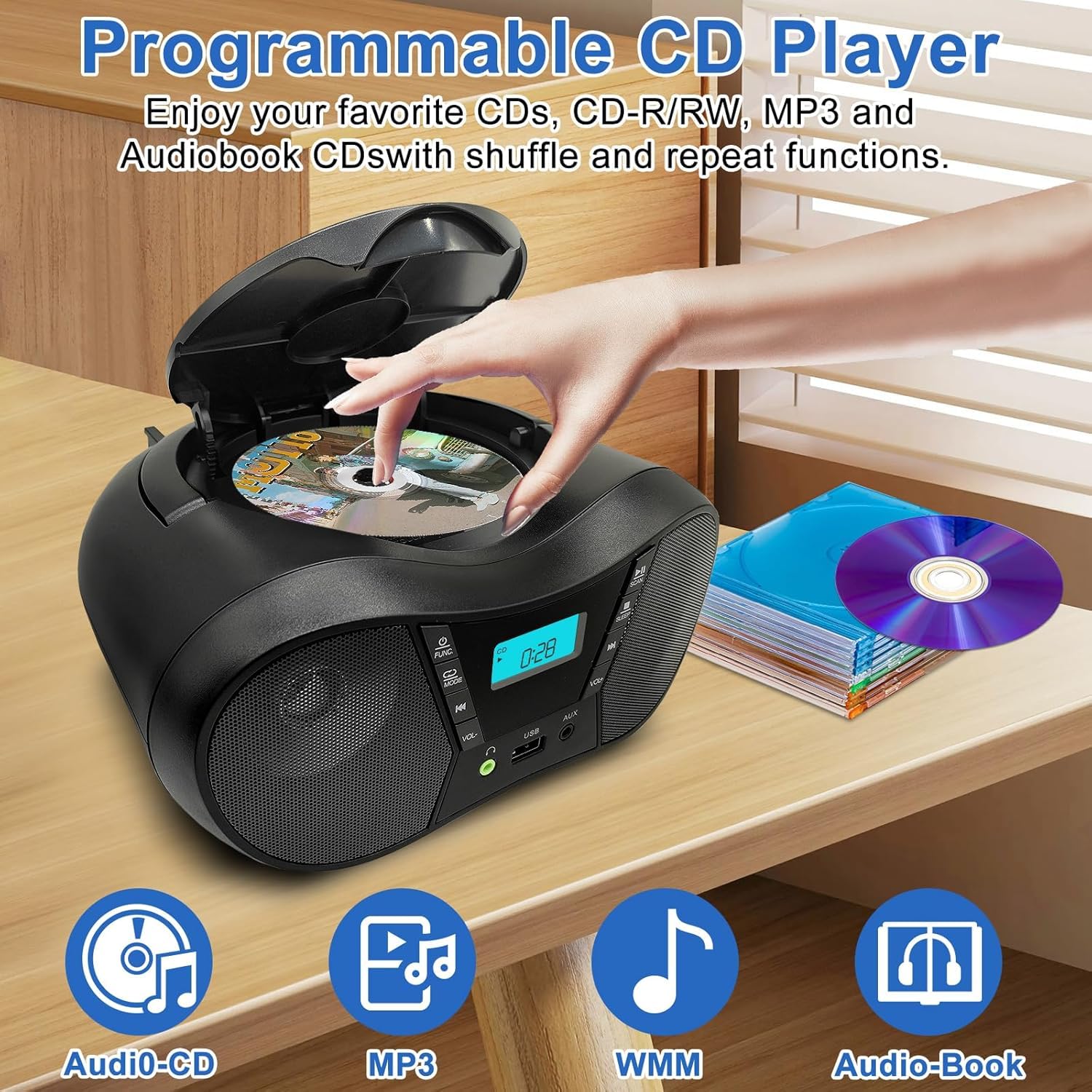 Tragbarer CD-Player Boombox mit FM-Radio, Bluetooth-Lautsprecher, AC/Batteriebetrieben, unterstützt CD/CD-R/RW/USB/BT/AUX, LCD-Display, Kopfhöreranschluss, Geschenke für Eltern (Schwarz)