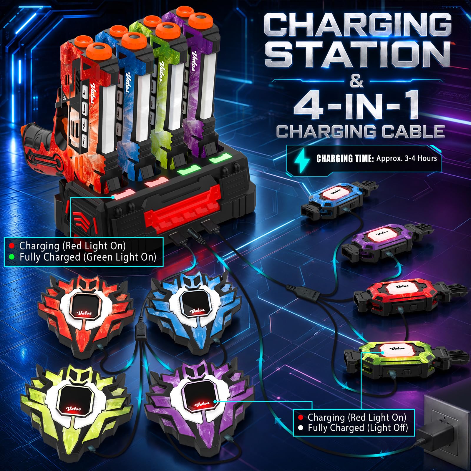 VATOS Set Laser Tag con Sensori 360°, Stazione di Ricarica e Carte Energia, 4 Pistole Laser Ricaricabili con Schermo LCD e Sincro 2,4 GHz, Gioco Laser per Interni/Esterni per Bambini e Famiglia