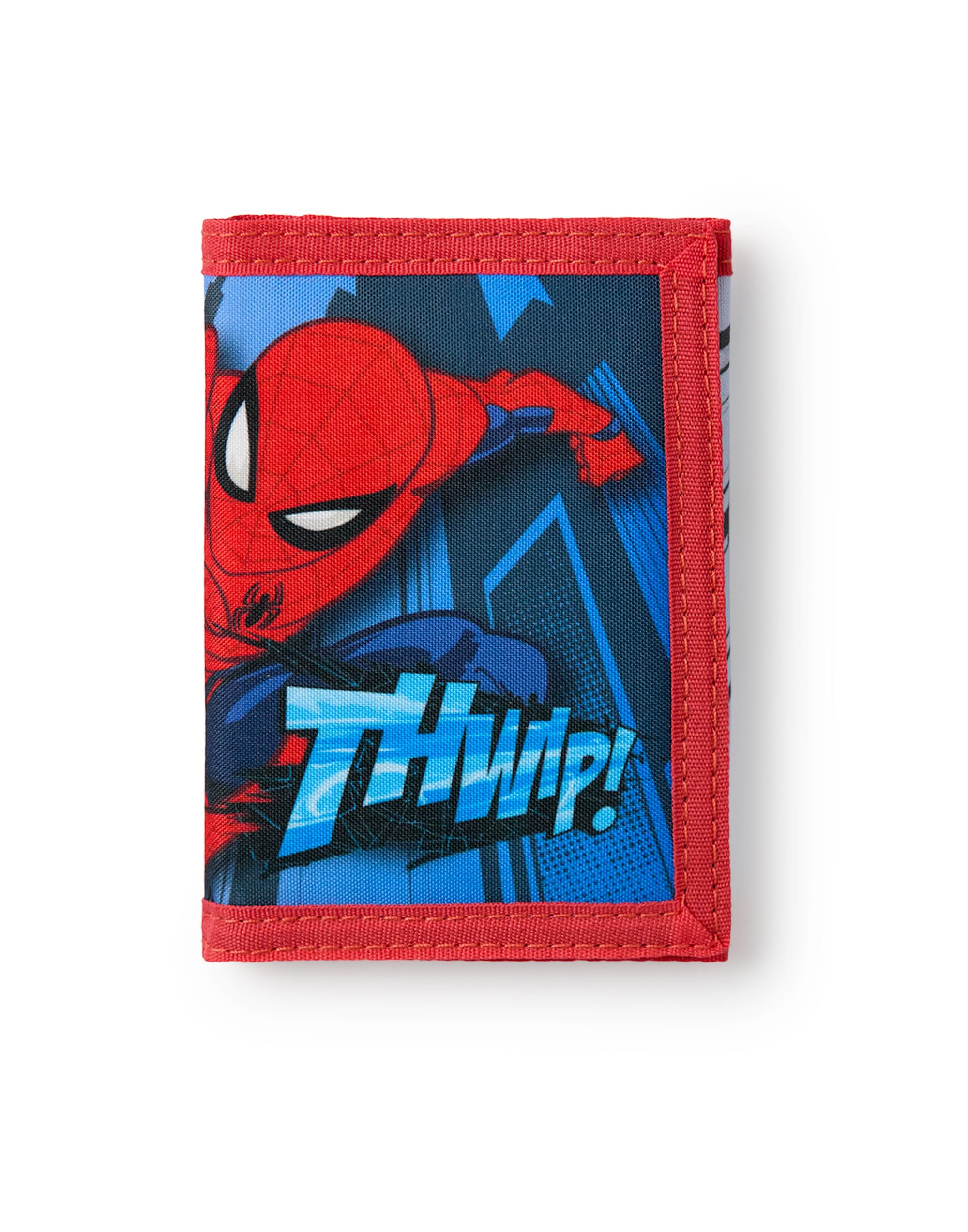 Marvel Cartera con gancho y bucle para niño Spiderman | Cartera Tríptico Roja con Spiderman 'THWIP!' Impresión gráfica para niños | Tarjetero y efectivo para niños con llavero con máscara de Spiderman