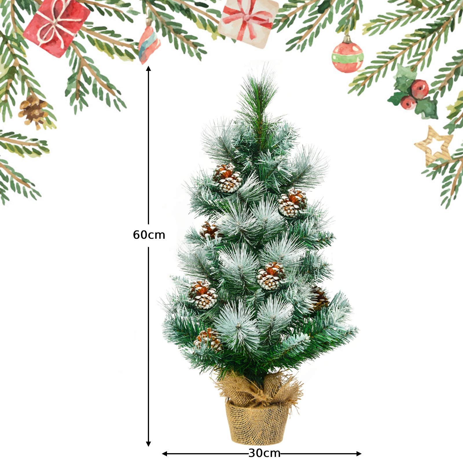 Árbol de Navidad 2 pies/60 cm, pequeños árboles Artificiales con piñas y Base, decoración navideña for Camino jardín Mesa Interior(Green+White)