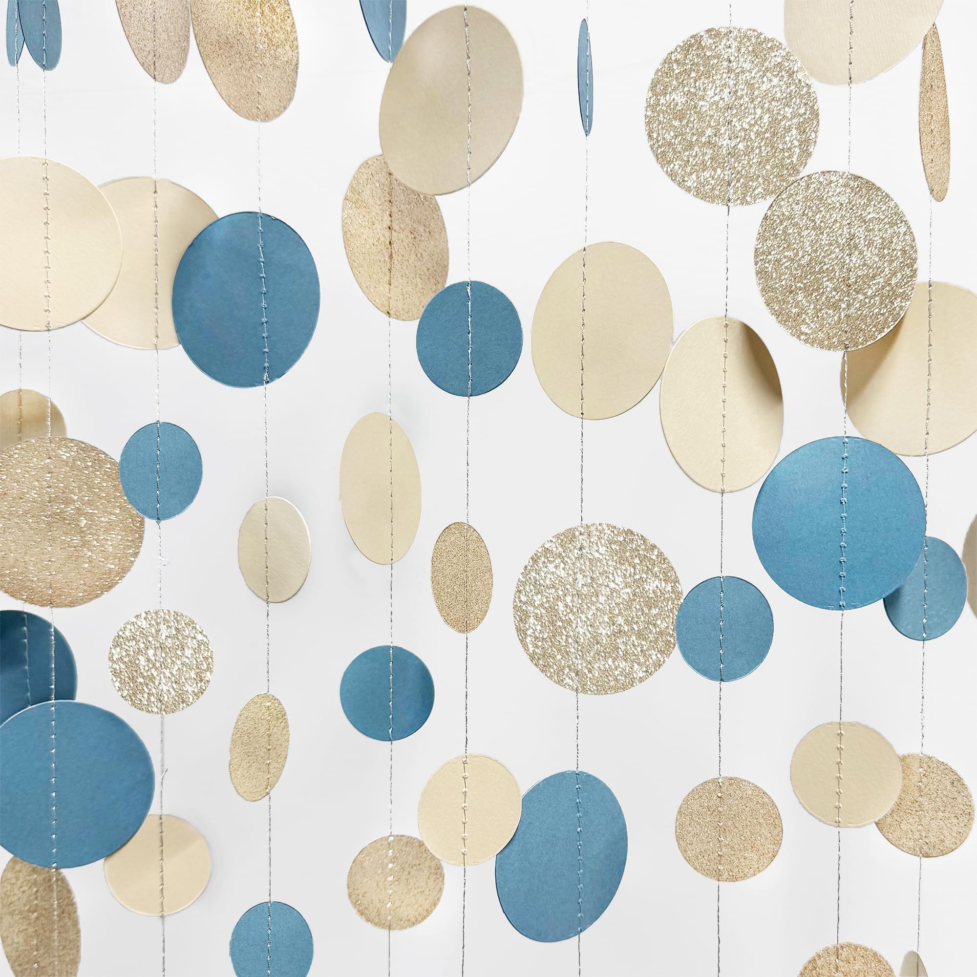 46Ft Champagne Gold Dusty Blue Beige Circle Dots Garland Party Decorations Hanging Paper Polka Dots Streamer for Men Boy Birthday Wedding Bridal Baby Shower Retirement Anniversary Engagement Party