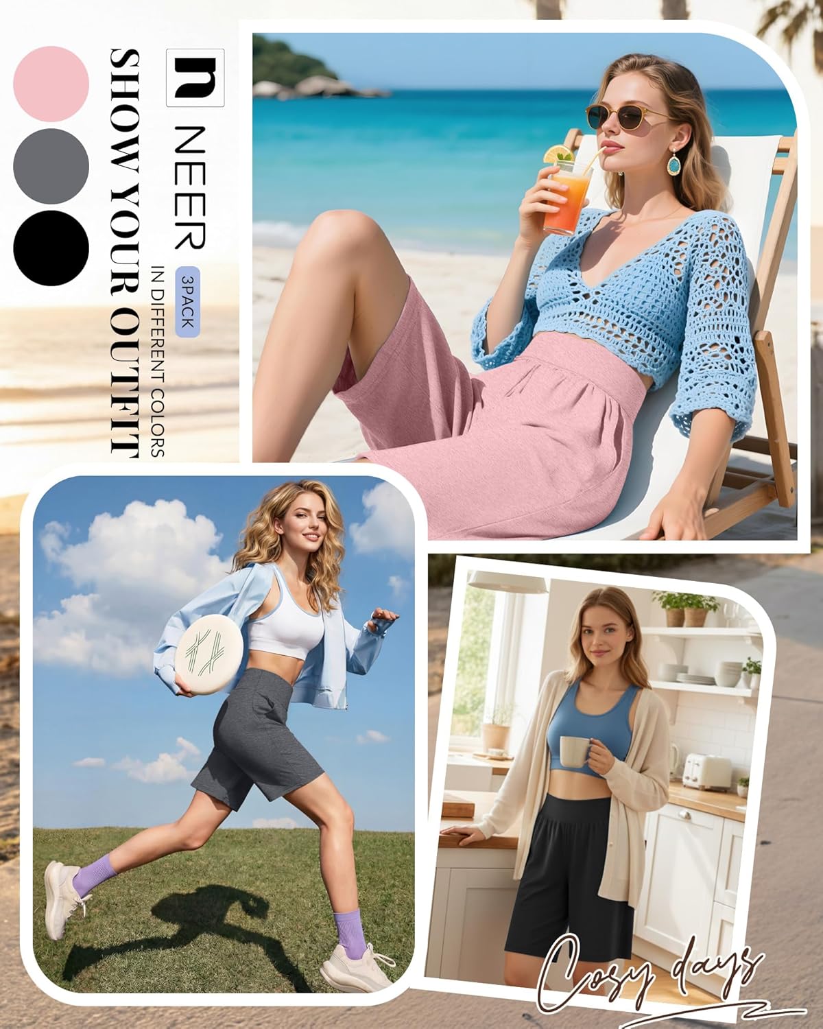 Neer 3 Pack Women's Bermuda Shorts, High Waist Cotton Stretch Casual Bottoms Knee Length Summer Athletic Short with Pockets(Black, Pink, Dark Mixed Gray,Medium) - Image 5