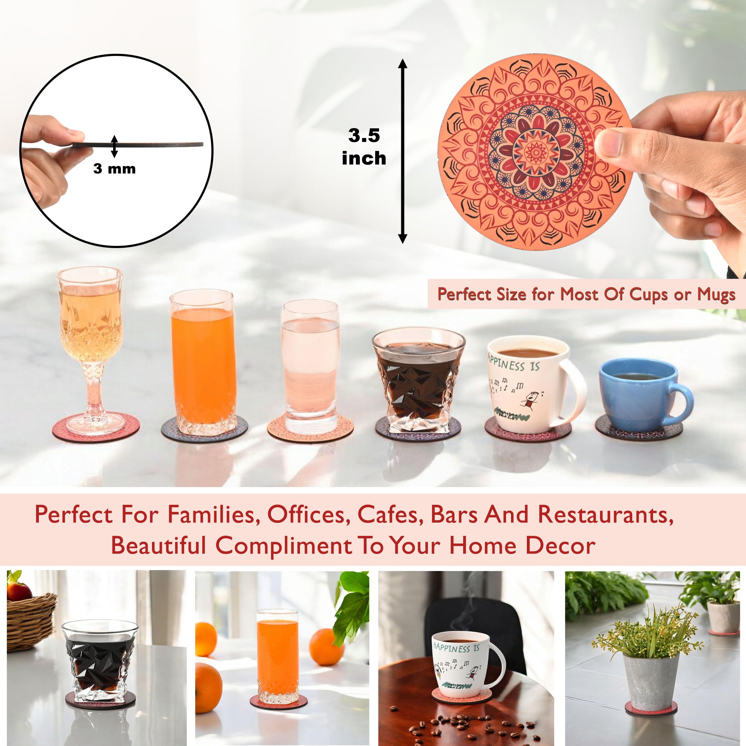 GKD Coaster Set of 6 Beautiful Wooden Coasters with Proper Coaster Stand Designer Coaster Set fit for Tea Cups, Coffee Mugs and Glasses (6 pc Round 3.5 x 3.5 inch) Multi Color 1