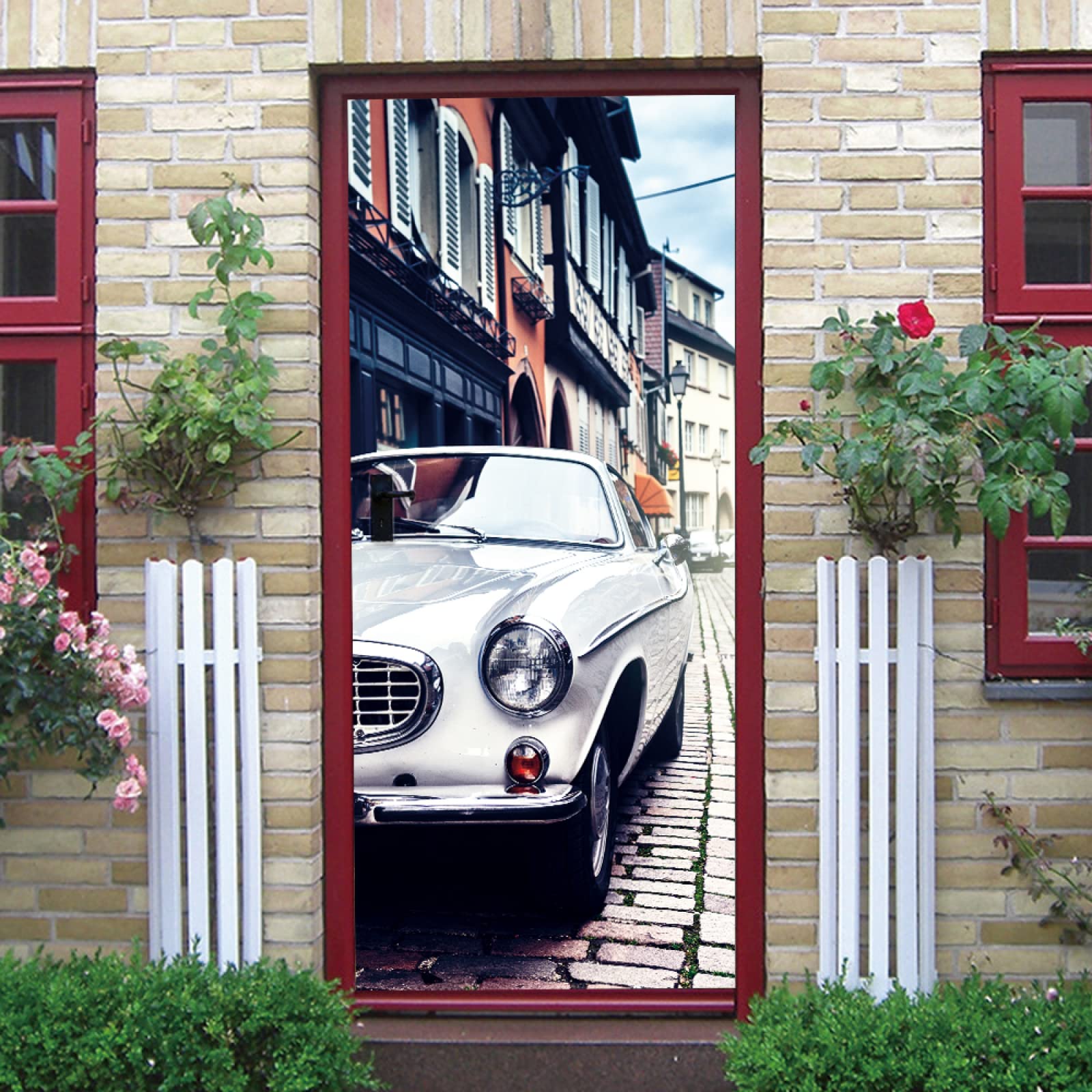 Sticker Porte Trompe l'oeil Effect Papier Peint 3D Voiture de rue pour Porte intérieure Bureau Chambre à Coucher Salon Salle de Bain Pont L100 x H200cm