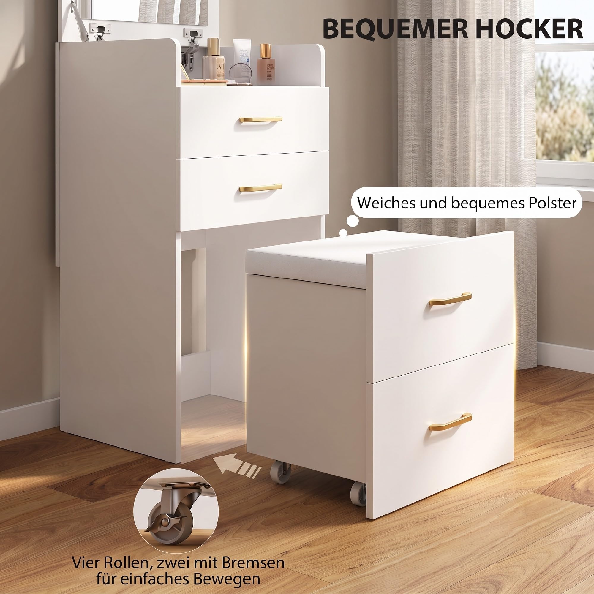 HOMCOM 3 in 1 Schminktisch mit Rollhocker Kosmetiktisch Klappspiegel Weiß