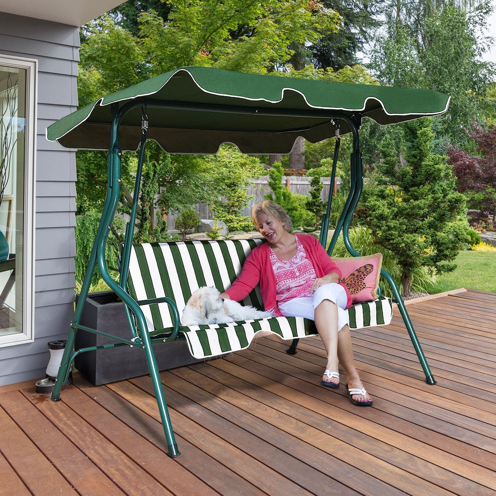 FANTASK Balancín con toldo Ajustable, Columpio de jardín de 3 plazas, para jardín, terraza y Patio Trasero, 172 x 110 x 154 cm, Color Verde y Blanco