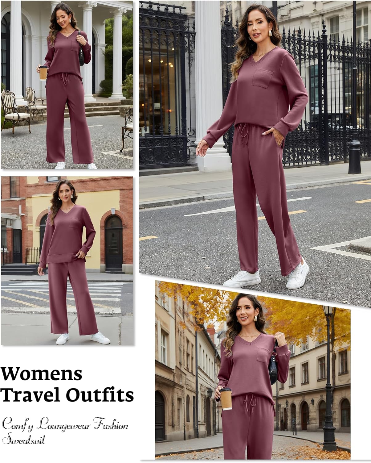 Women's 2 Piece Casual Lounge Sets Fall Travel Outfits V Neck Side Slit Tracksuit Wide Leg Loungewear Sweatsuit - Image 6