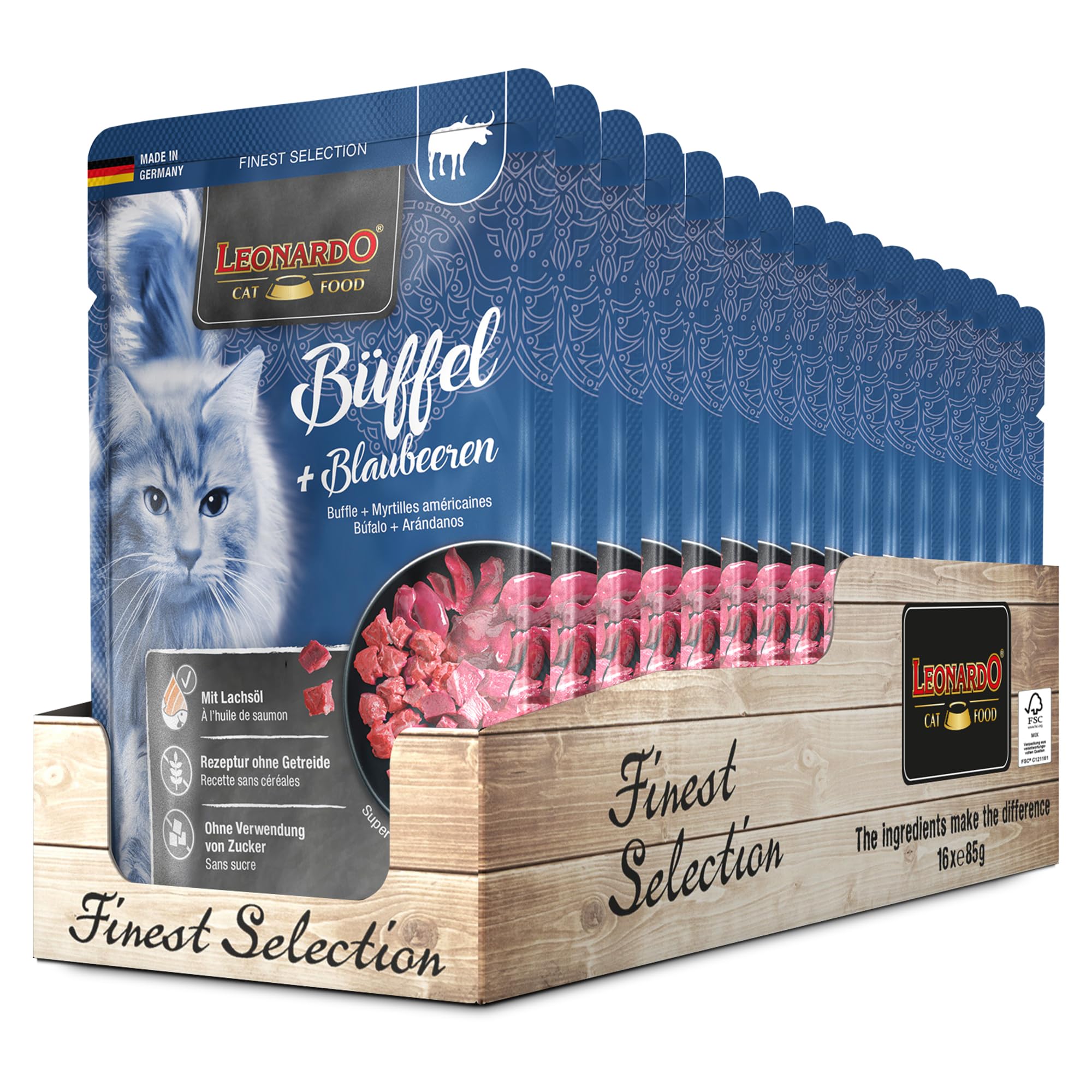 LEONARDO Nassfutter im Frischebeutel [16x85g Büffel und Blaubeere] | Getreidefreies Nassfutter für Katzen | Alleinfutter im Einzelportionsbeutel