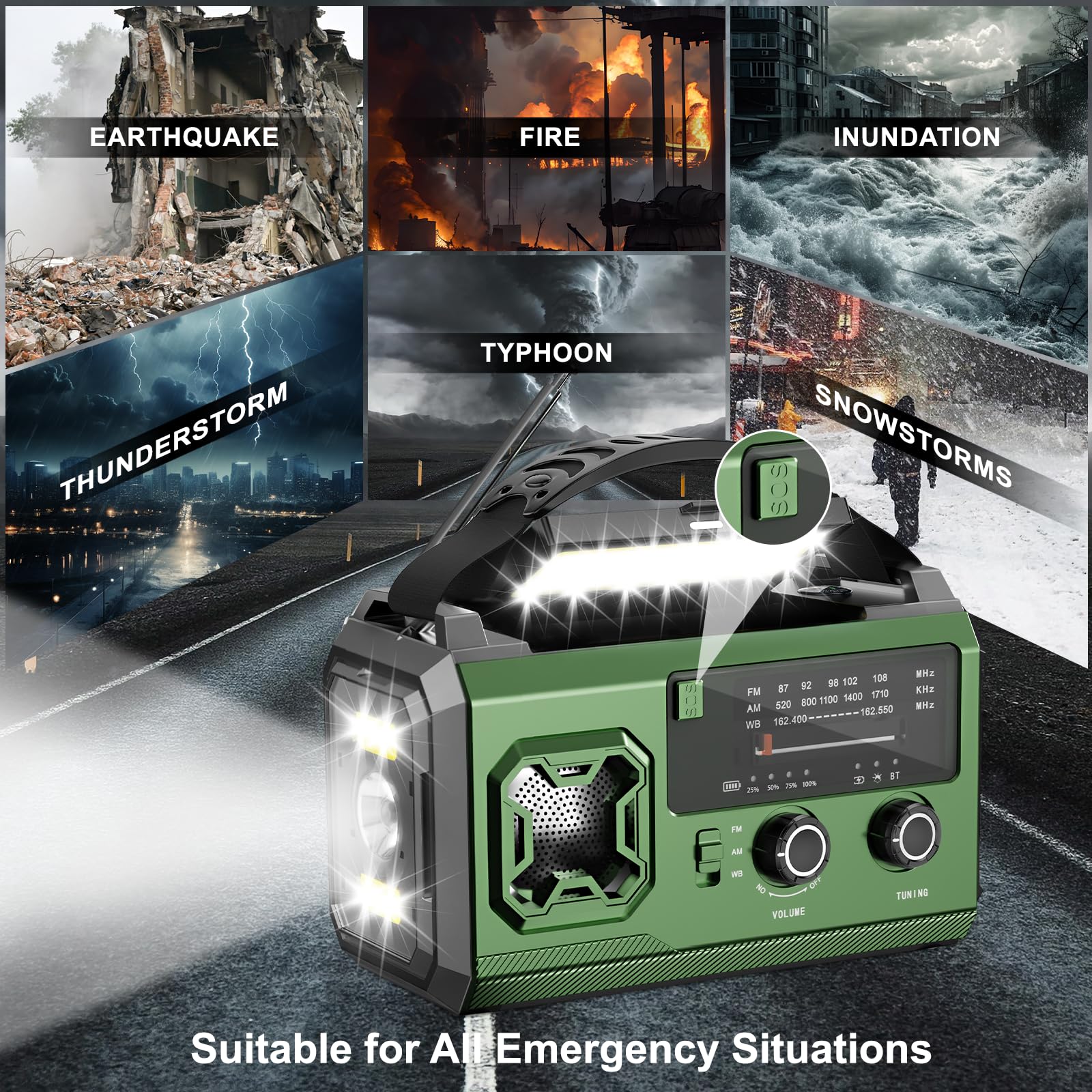 Radio de manivela de 27000 mAh, radio de emergencia FM/AM con Bluetooth, radio solar portátil con cargador para móviles, radio de emergencia con alarma SOS/linterna/brújula para camping al aire libre