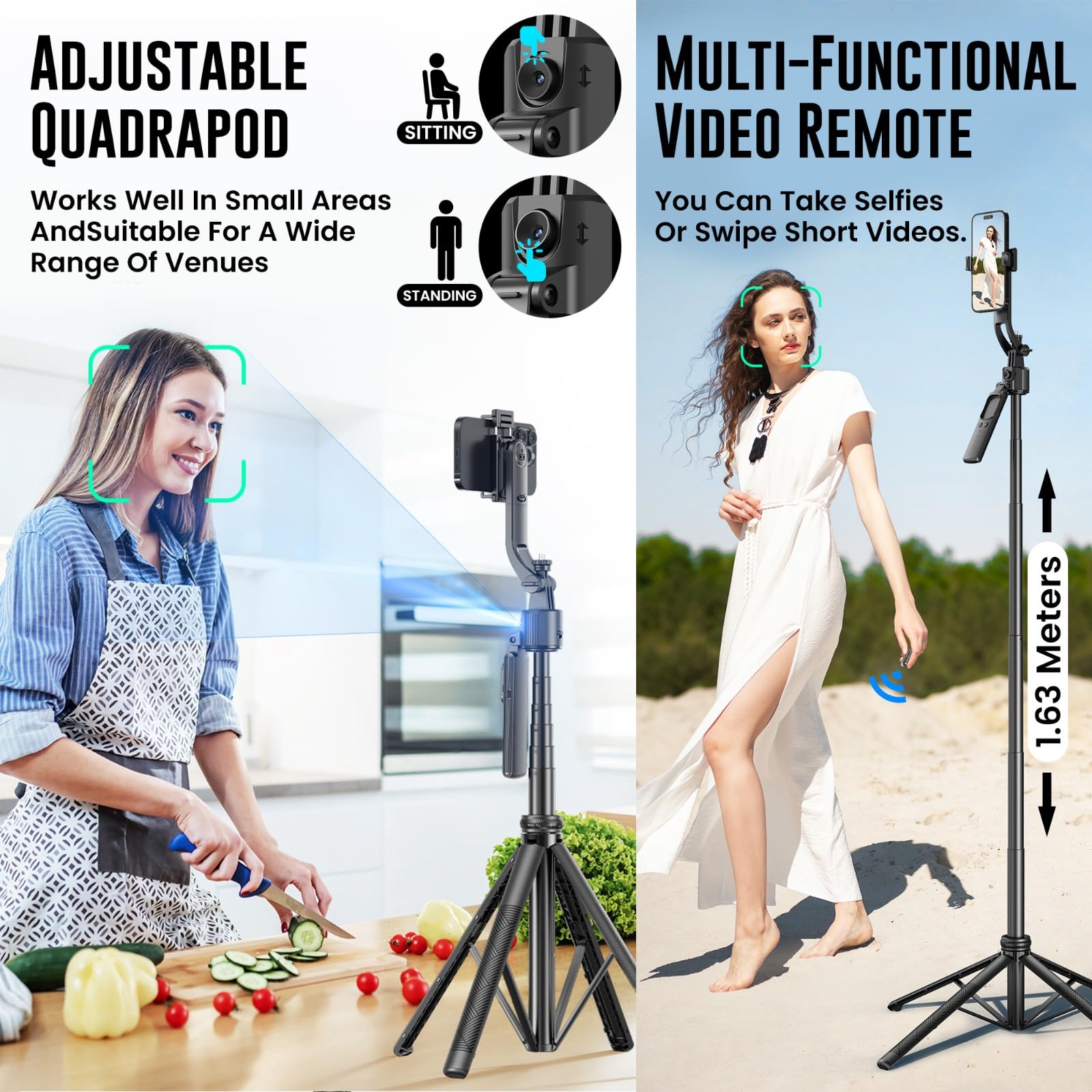 WeCool S8 AI-Powered Selfie Stick for Mobile, Auto Face Tracking Tripod with 360° Auto Rotating Selfie Stick, 64-inch/163 cm Long Aluminum Extension for Mobile & Camera with Quad-Leg Stability. 3