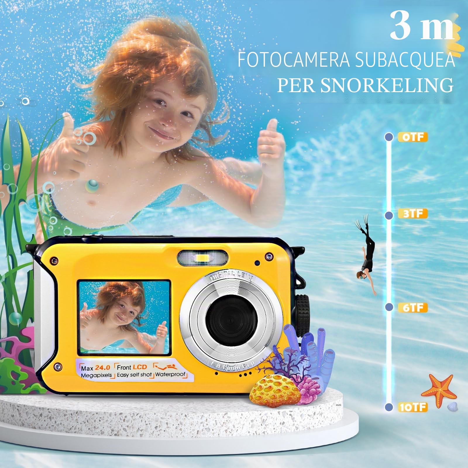 Fotocamera Digitale Impermeabile,Couleeur Macchina Fotografica Subacquea Full HD 2.7K 48MP Doppio Schermo Anti-Shake con Microfono LED Autoscatto e Zoom Digitale 16X per Bambini Adolescenti(giallo)