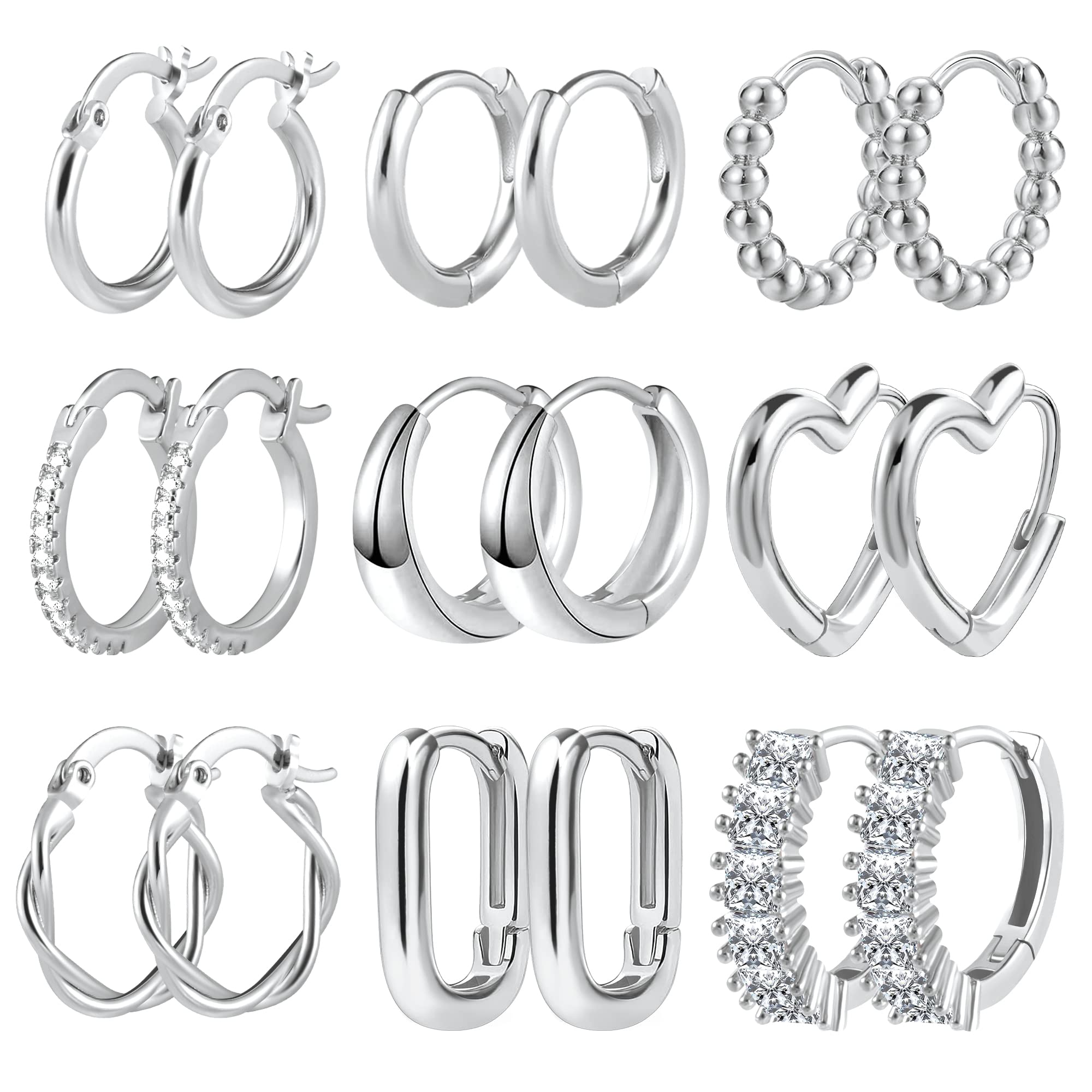 ALEXCRAFT Piccoli Orecchini a Cerchio, Orecchini Per Polsini Auricolari Da Donna, Orecchini a Cerchio Intrecciati Da Donna, Orecchini a Cerchio Spessi Vintage Ipoallergenici In Oro e Argento (9 Paia)