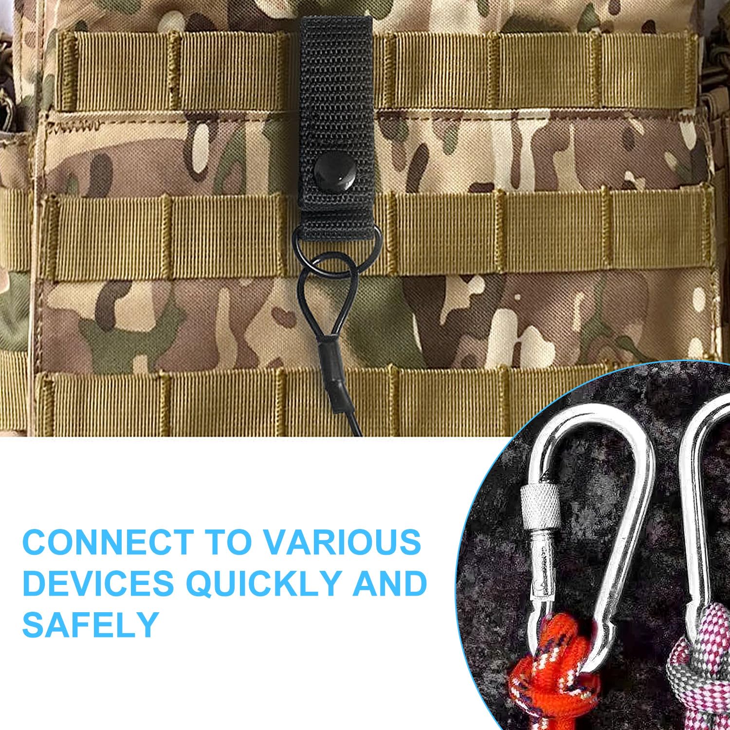Tactical Lanyard Set, Comprend 2 Cordes Elastiques en Spirale, 2 Mousquetons, Robuste et Durable, Convient pour Le Plein Air, Le Camping, La Chasse, La Survie (Noir, Taille Moyenne)