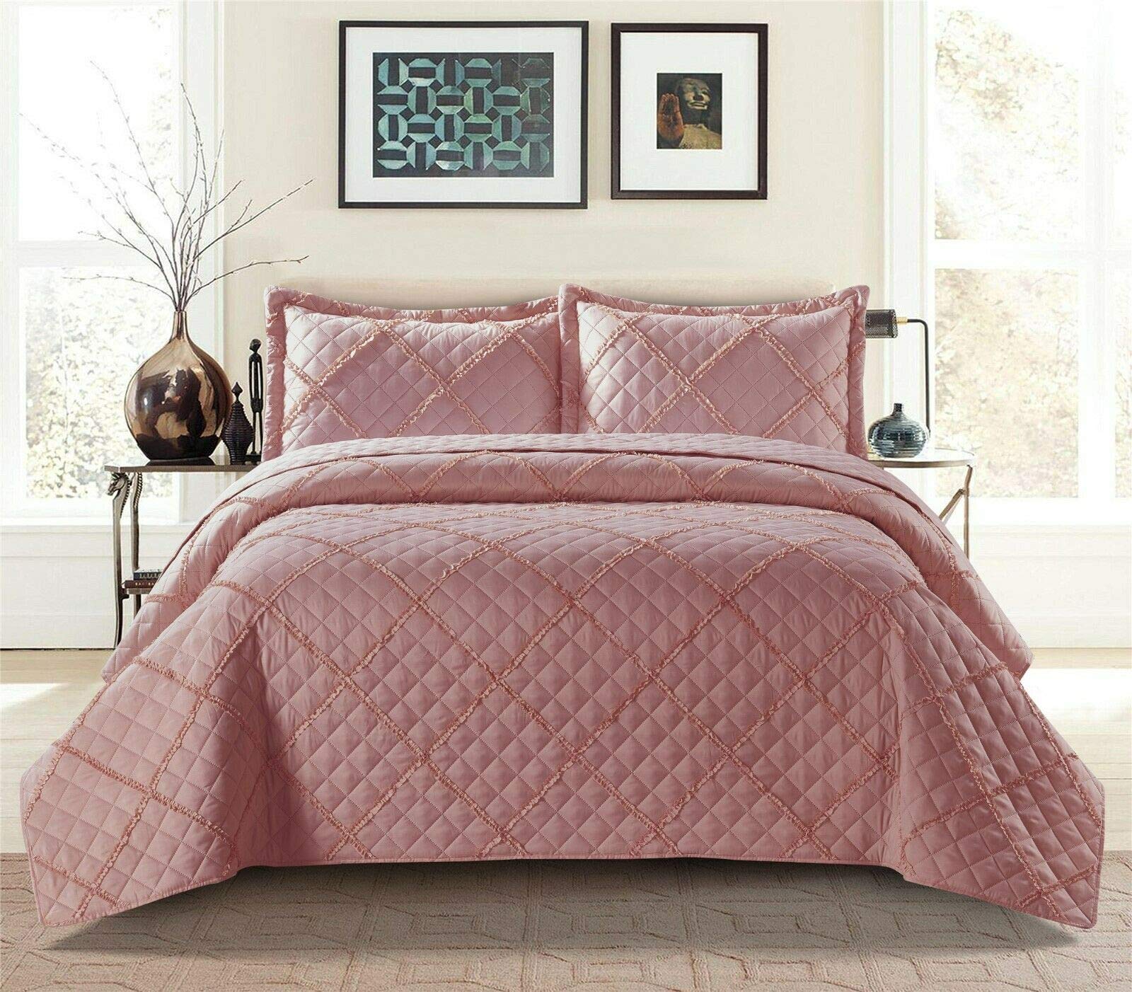 THL 3 Piece Border Quilted Bedspread Comforter with Pillowsham Beautiful Design (Pink, Double)