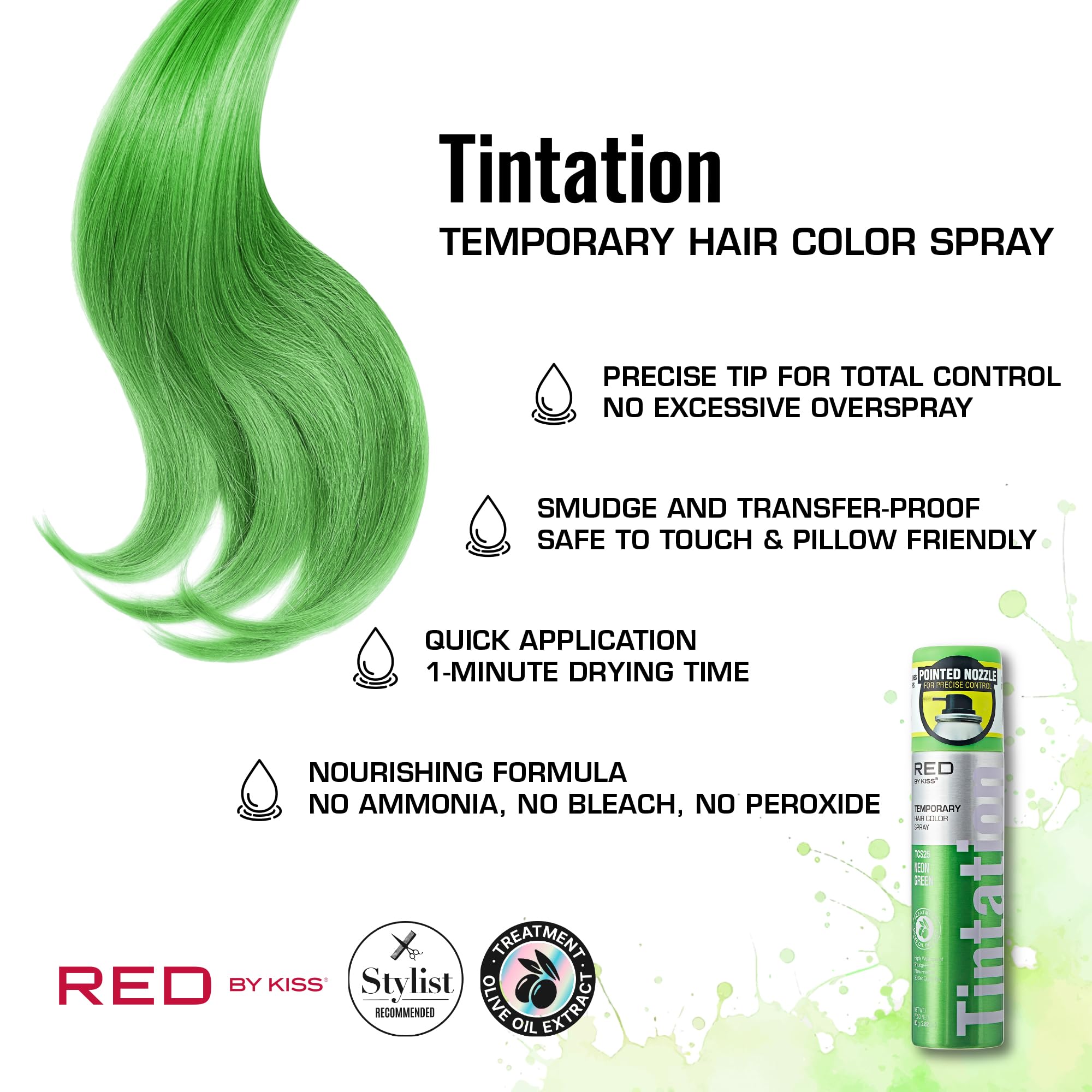 Red by Kiss Tintation Temporary Hair Color Spray 2.82oz, Quick-Dry & Smudge-Proof, Vivid Color Washable Hair Dye, Styling Spray Cosplay Halloween Birthday Party Festival (Neon Green)