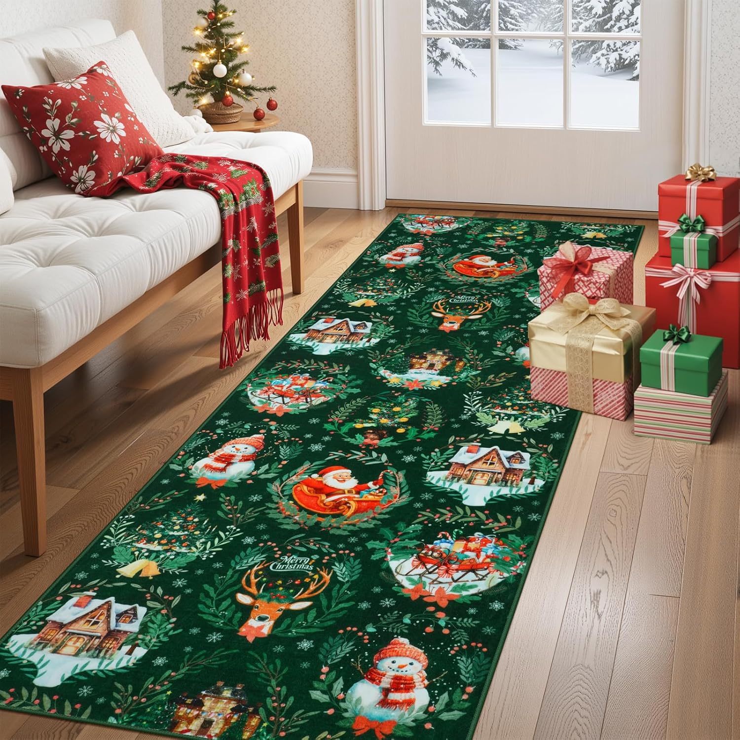 Anidaroel Christmas Rug Runners for Hallways Non Slip, 2x6 Washable Kitchen Runner Rugs Soft Low File Xmas Holiday Rug, Indoor Floor Carpet Runner for Entryway Laundry Home Decor, Green