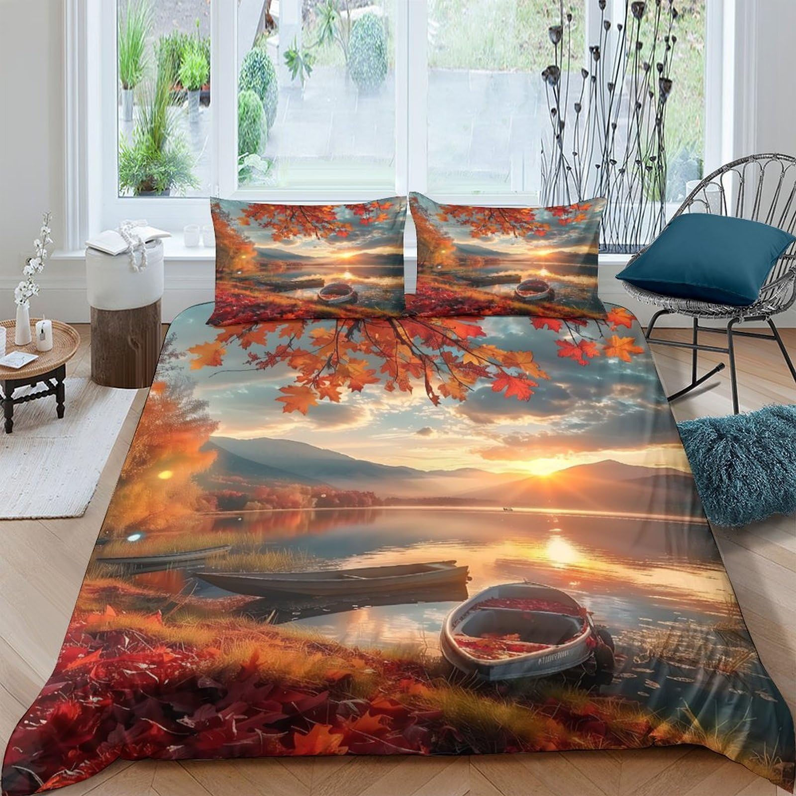 Ctjqhvkz Style-4 3D Printed Autumn Lake Sunset Fitted Sheet Microfiber Nature Landscape Bed Cover For Bedroom Guest Room Decor Single（135X200cm）