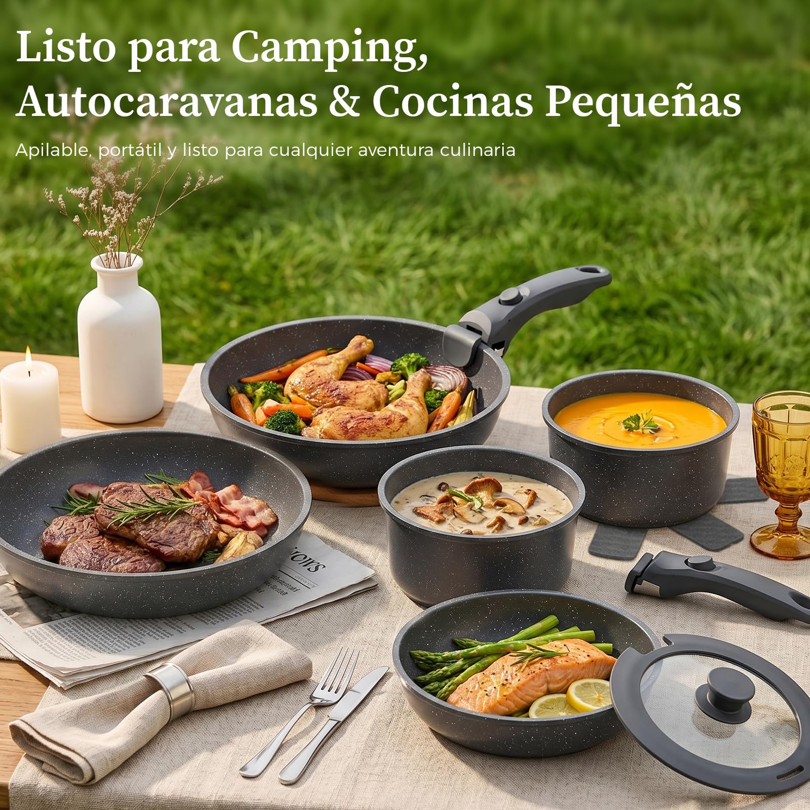 YASHE Batería de cocina 15 piezas, inducción, atóxica, sin PTFE ni PFAS | Juego de Sarténes Atóxica con Mango Extraíble, Apilable y Ahorro de Espacio, para Caravana, Sin PFOA