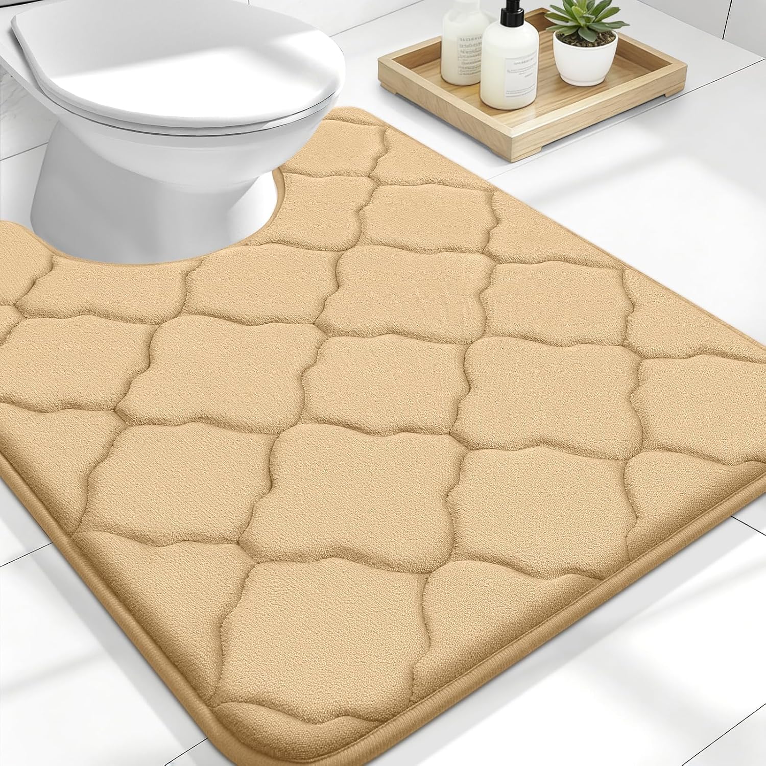 OLANLY Memory Foam Toilet Rugs U-Shaped 24x20, Ultra Soft and Absorbent Bathroom Rugs, Non-Slip, Comfortable, Machine Washable Contour Bath Mat for Toilet Base, Home Decor Accessories, Beige